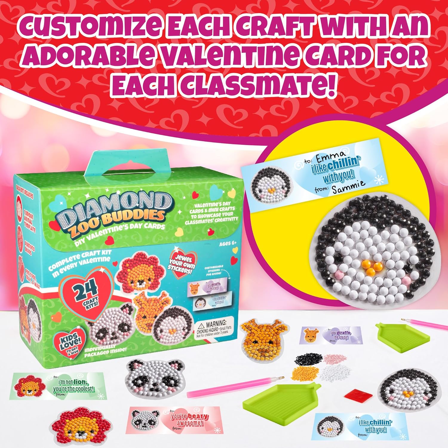 Zoo Buddies 24 Pack 5D Diamond Painting Kits - Goodie Bag Party Favors for Kids Birthday Party & School Classroom Prizes - Animal Gem Craft Activity Kits - Easter Basket Stuffer Gifts for Boys & Girls