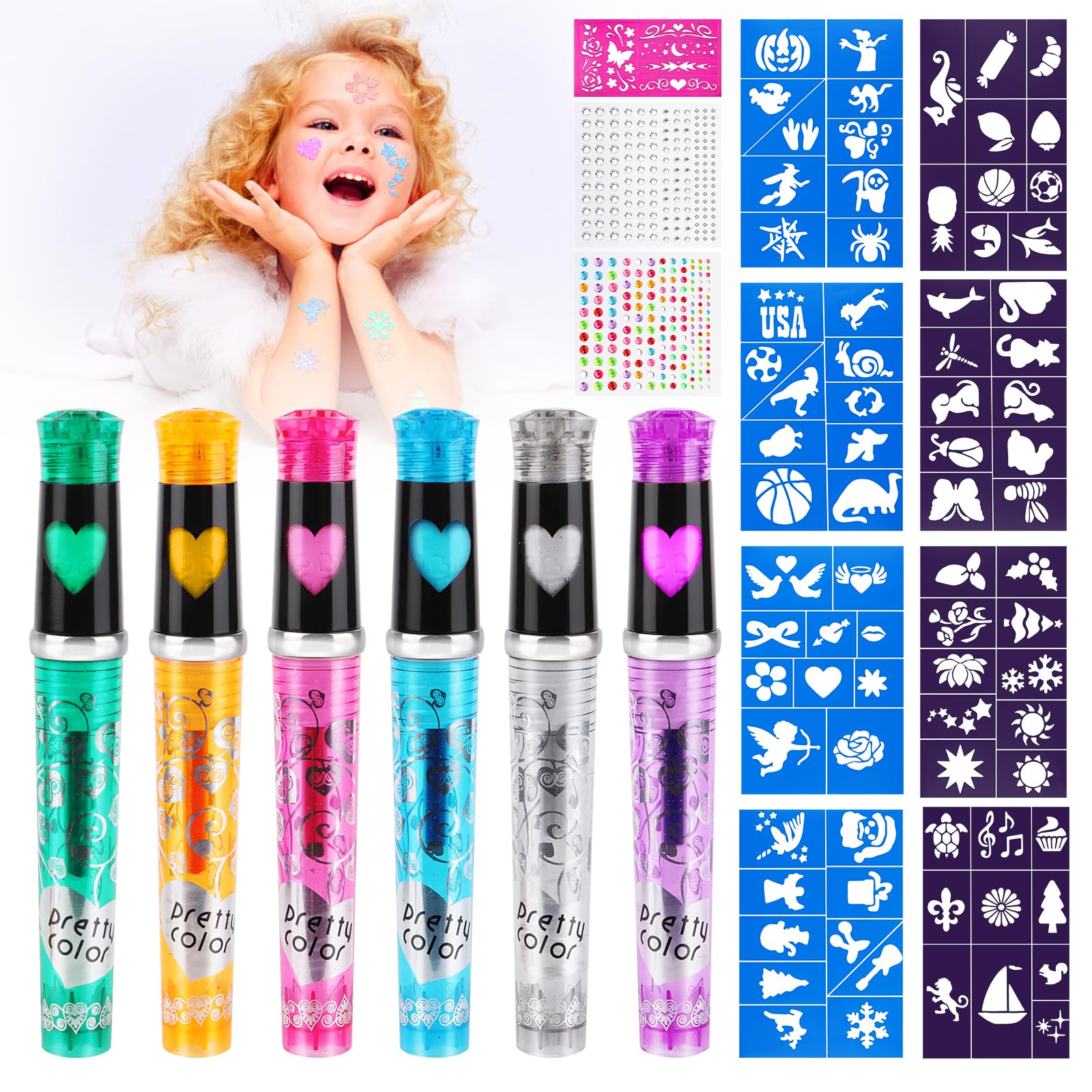 NVIYAM Rotuladores Purpurina Tatuajes, Rotuladores Tatuajes Temporales Niños, Kit para Pintar el Piel con 6 Colores 9 Tatuajes Plantilla, Rotuladores Tatuajes Niños, Tattoos Infantiles para Regalos