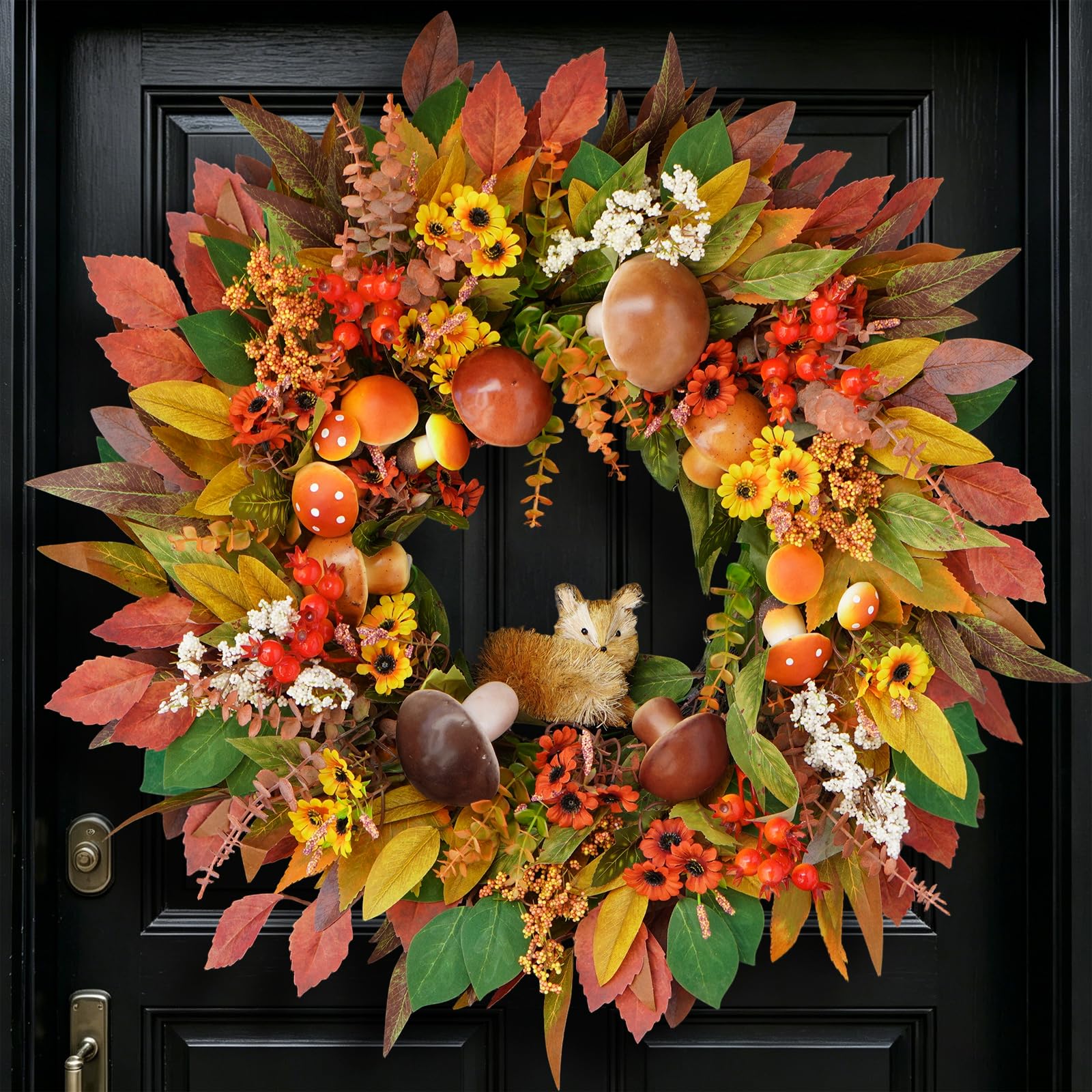 Fall Wreaths for Front Door 24" Fox Fall Door Wreath with Forest Mushrooms