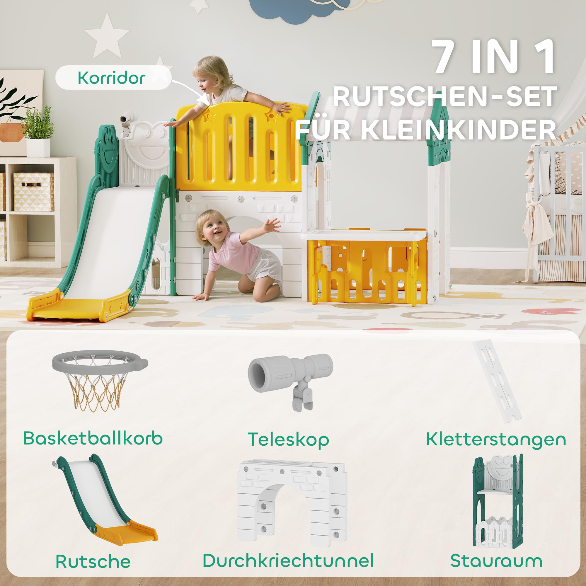 AIYAPLAY 7 in 1 Kinderrutsche mit Klettergerüst 1-4 Jahre Gelb+Grün | Kleinkindrutsche mit Basketballkorb, Tunnel, Teleskop, Stauraum, Spielhaus, Indoor und Outdoor Spielplatz, für Kleinkinder