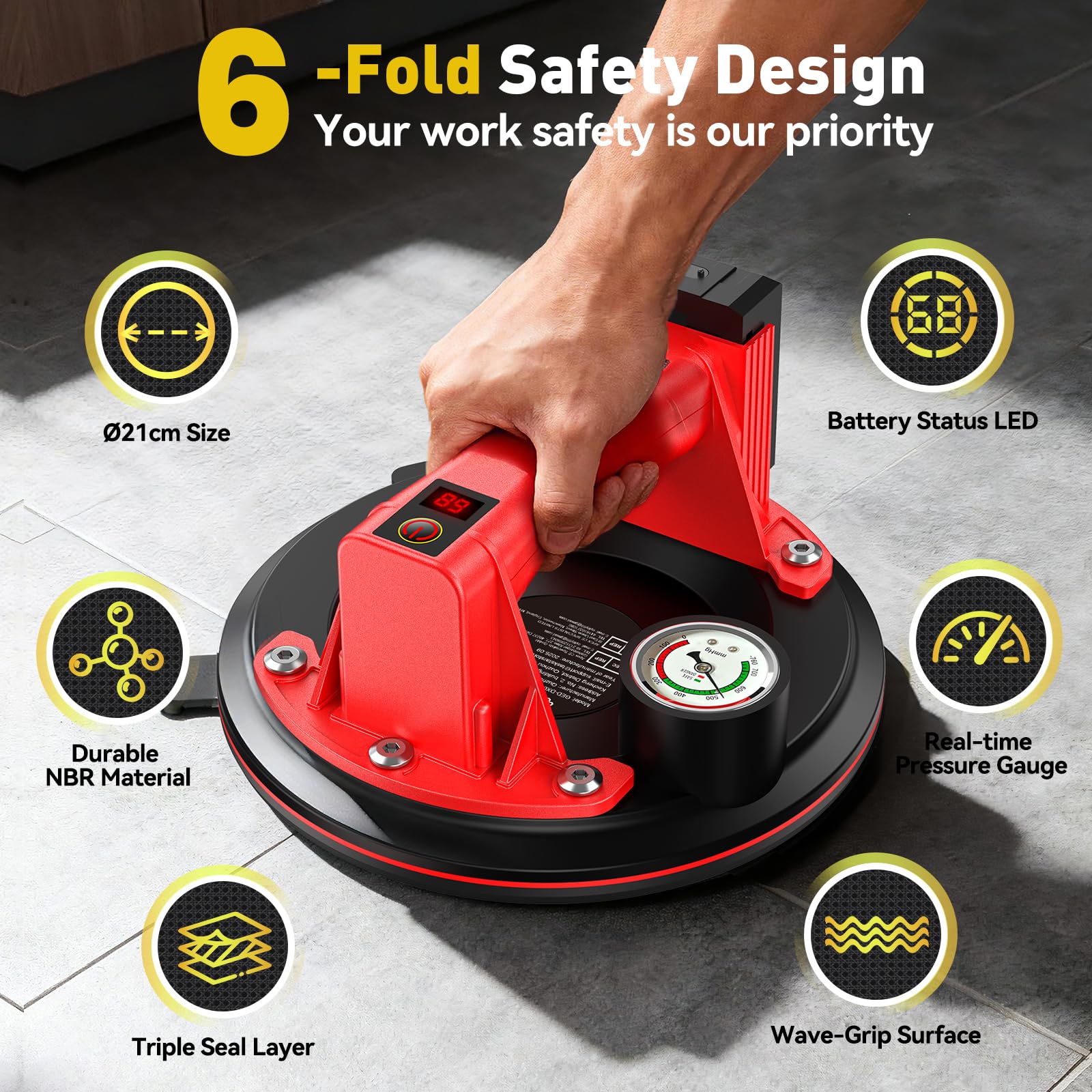 Ventosa per Piastrelle con Manometro, Ventosa Elettrica per Vetro-270KG di Aspirazione-Batteria da 4 x 2400mAh-Ventosa per Sollevamento Vetro, Granito, Piastrelle, Metallo (Rosso)