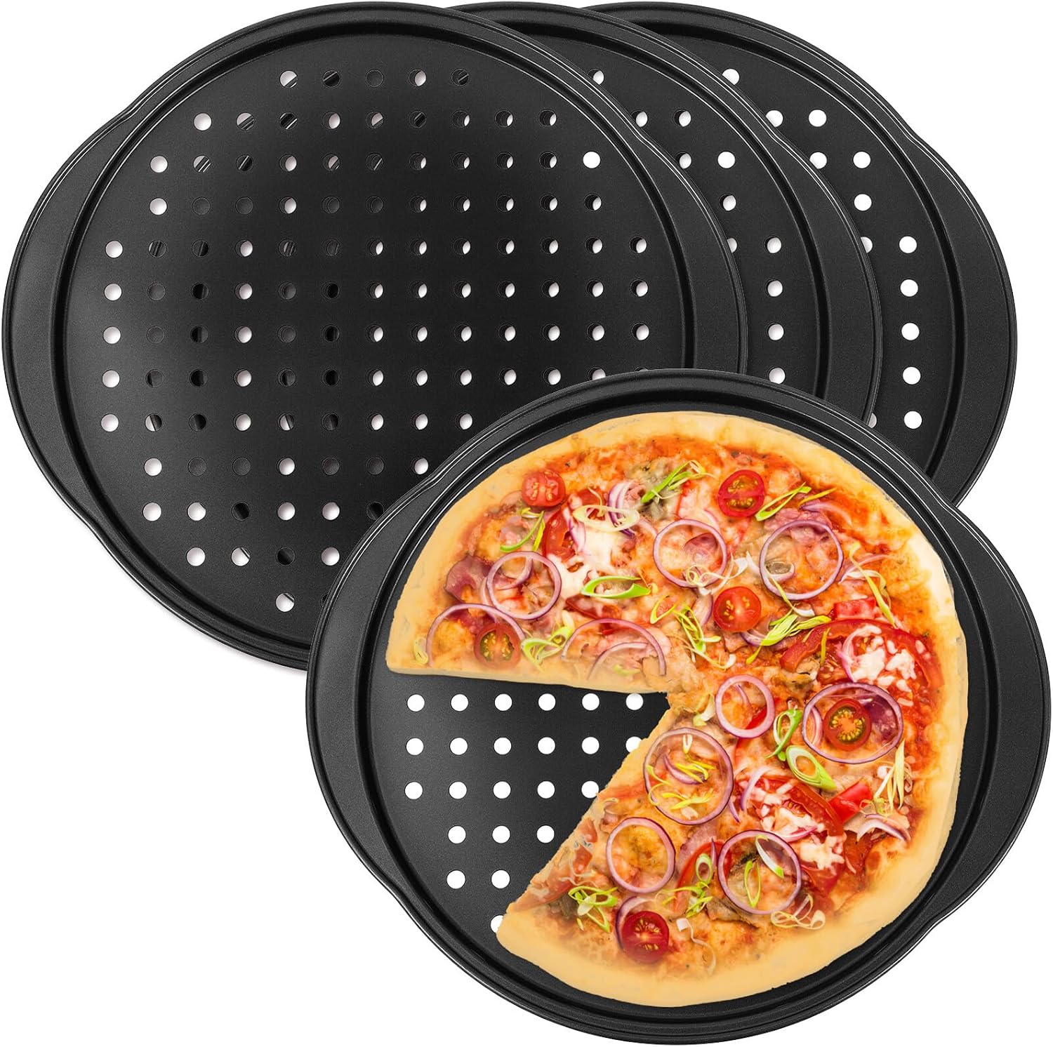 4 Pcs Perforated Carbon Steel Pizza Pans with Small Grips Non-stick Oven Bakeware Trays for Even Heating High Temperature Resistant Pizza Baking Supplies for Home Kitchen
