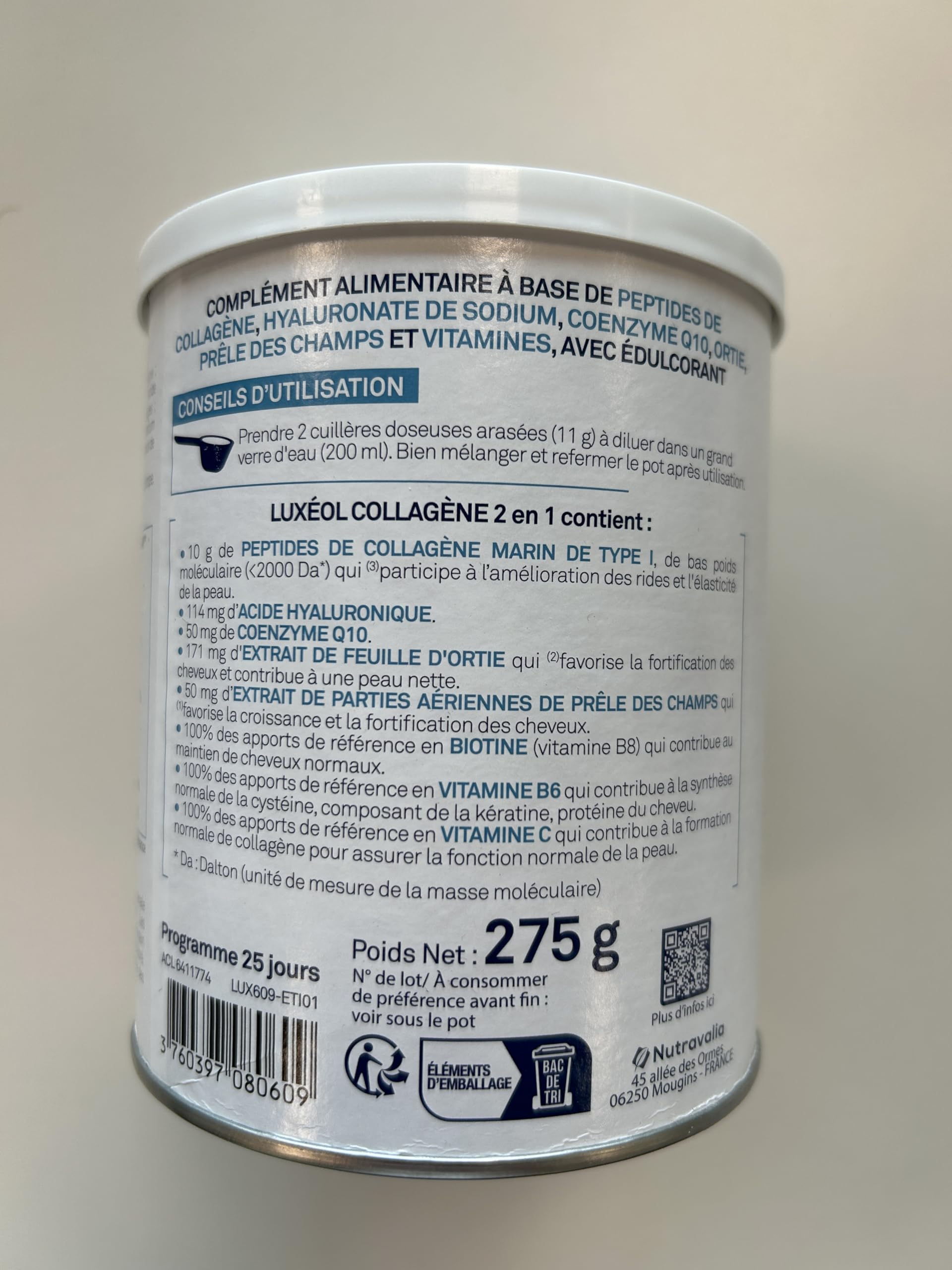 Luxéol - Collagène 2 en 1 - Complément Alimentaire - Croissance(1) & Fortification(1)(2) - Rides(3) & Elasticité(3) - 10 g Collagène Marin Type l + Acide Hyaluronique + coQ10-275 g (Programme 25 j)