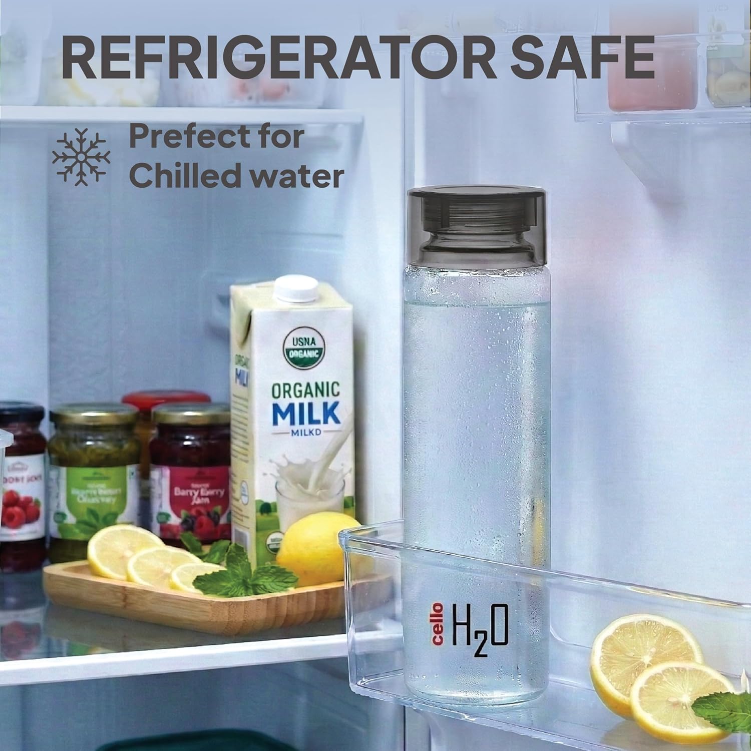 CELLO H2O Glass Fridge Water Bottle with Plastic Cap | Leak proof & break-proof | Wide mouth & Easy to Clean | Best Usage for Office/School/College | Set of 3, 920ml | Black
