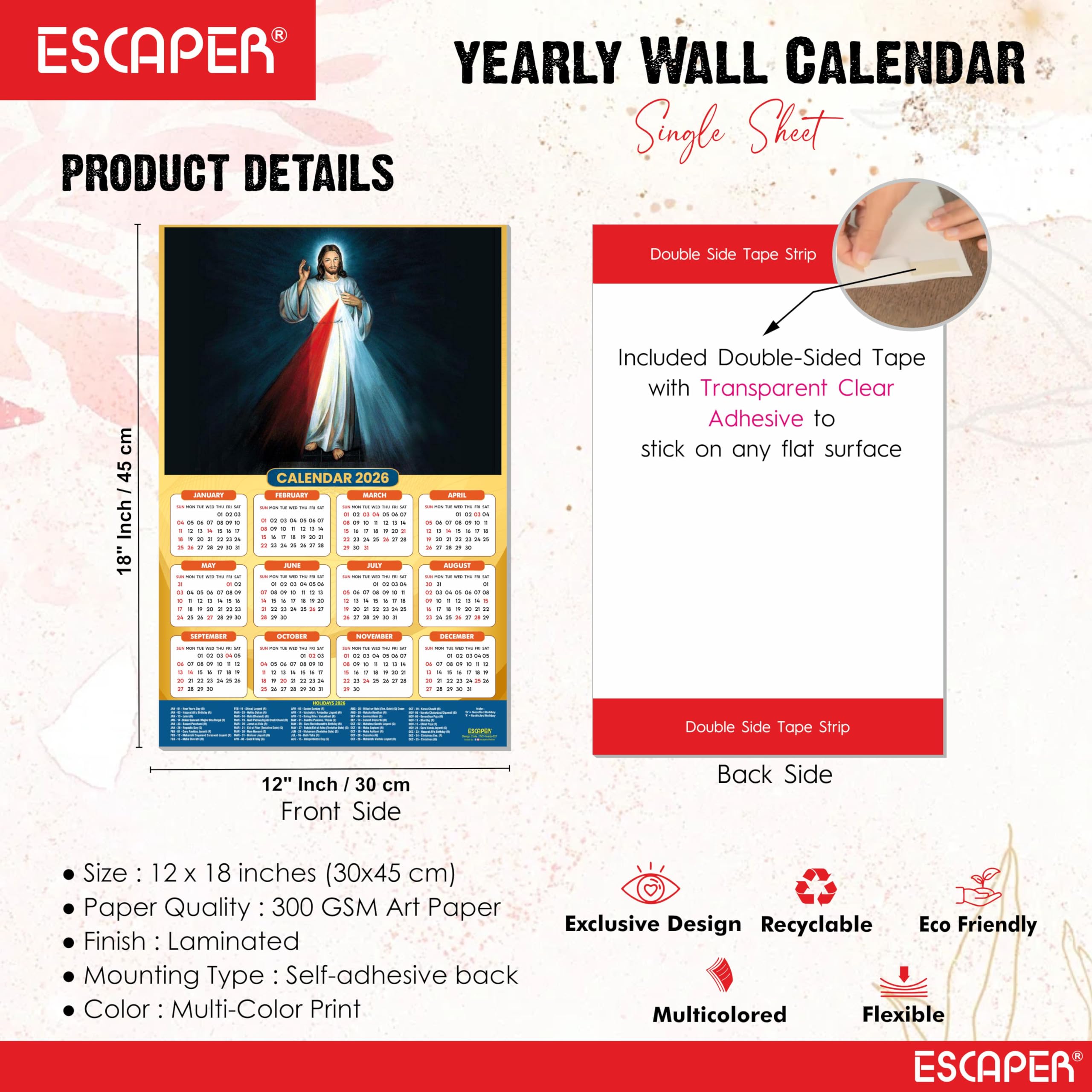 ESCAPER Calendario de pared de Jesús 2026, calendario cristiano laminado de 12 x 18 pulgadas, día festivo indio, decoración religiosa de Isa Masih para el hogar y la oficina