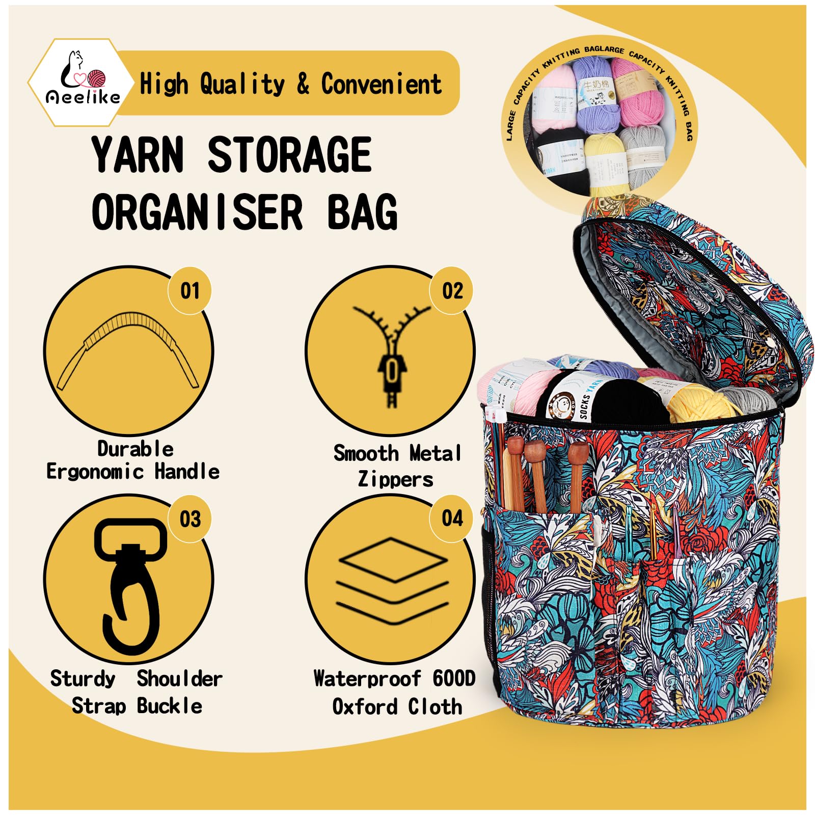 Borsa per lavori a maglia, organizer per gomoli con divisorio