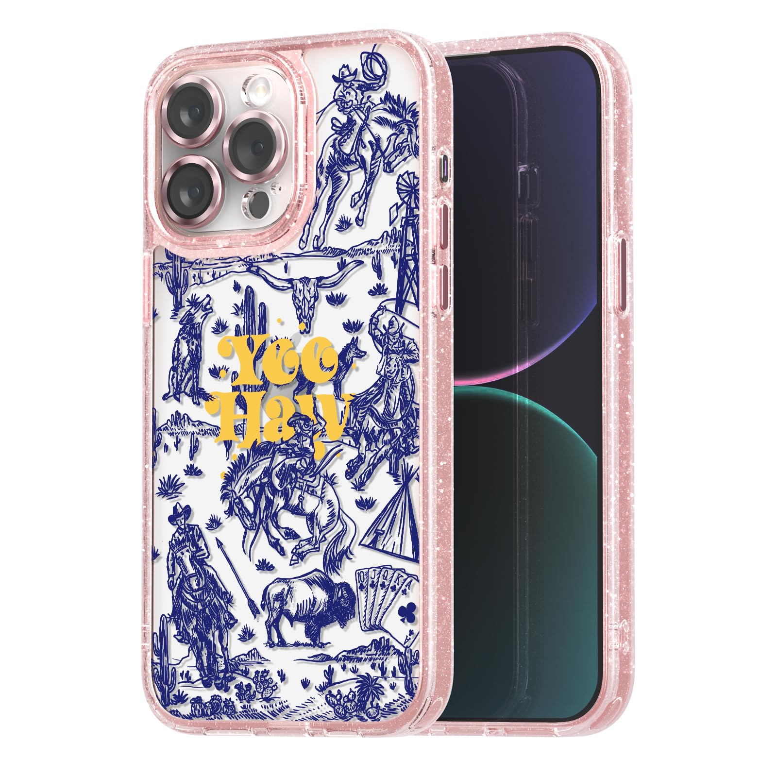 casevivid Compatible for iPhone 15 Pro Case Cute Aesthetic - Glitter Pink Phone Case with Camera Protector - Girly Wild West Pattern Print Cover with