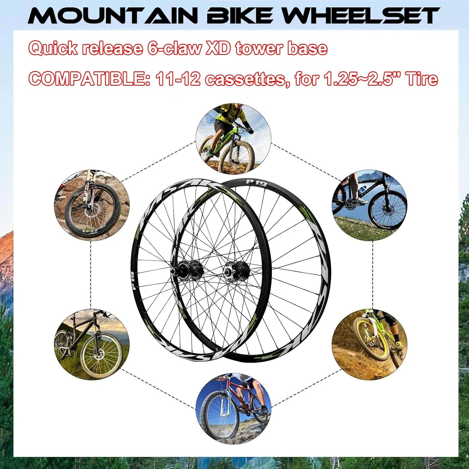 AuroraXQ 26 27.5 29 Mountain Bike Wheelset Double Wall XD-HUB Bicycle Rear Wheel Quick Release Disc Brakes 11/12 Speed(Green,29)