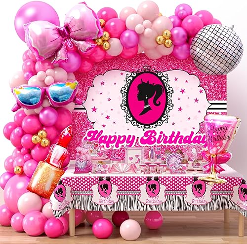 KELENO 137 decoraciones de fiesta de color rosa intenso, suministros de fiesta de cumpleaños, guirnalda de globos de princesa, kit de arco de arco