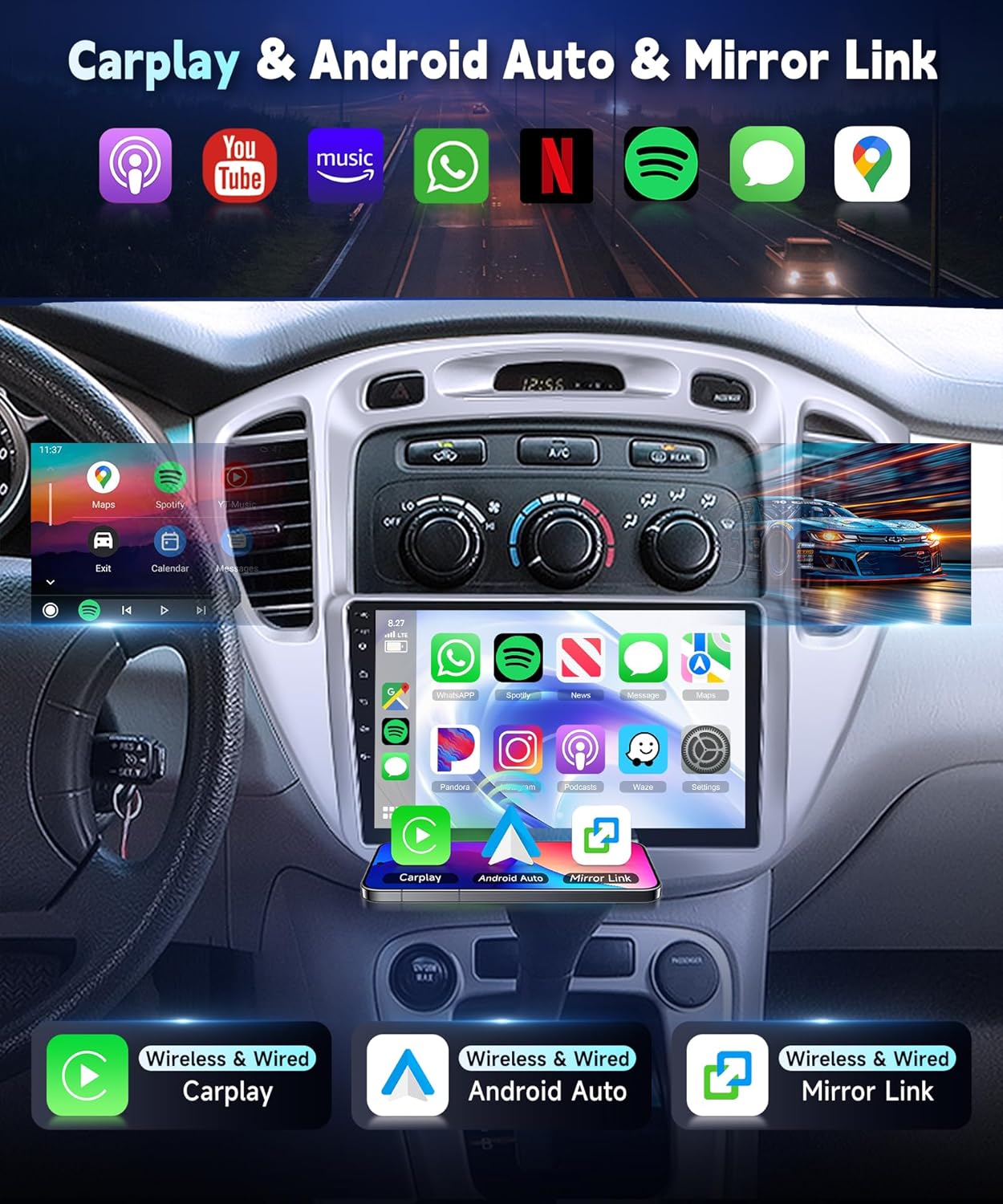 Radio for Toyota Highlander 2000-2007 Car Stereo with Backup Camera,Wireless Carplay/Android Auto, 9inch 1080P IPS Touch Screen with Type-C&USB Port,5.0Bluetooth 16EQ SWC FM/RDS 2G+64G
