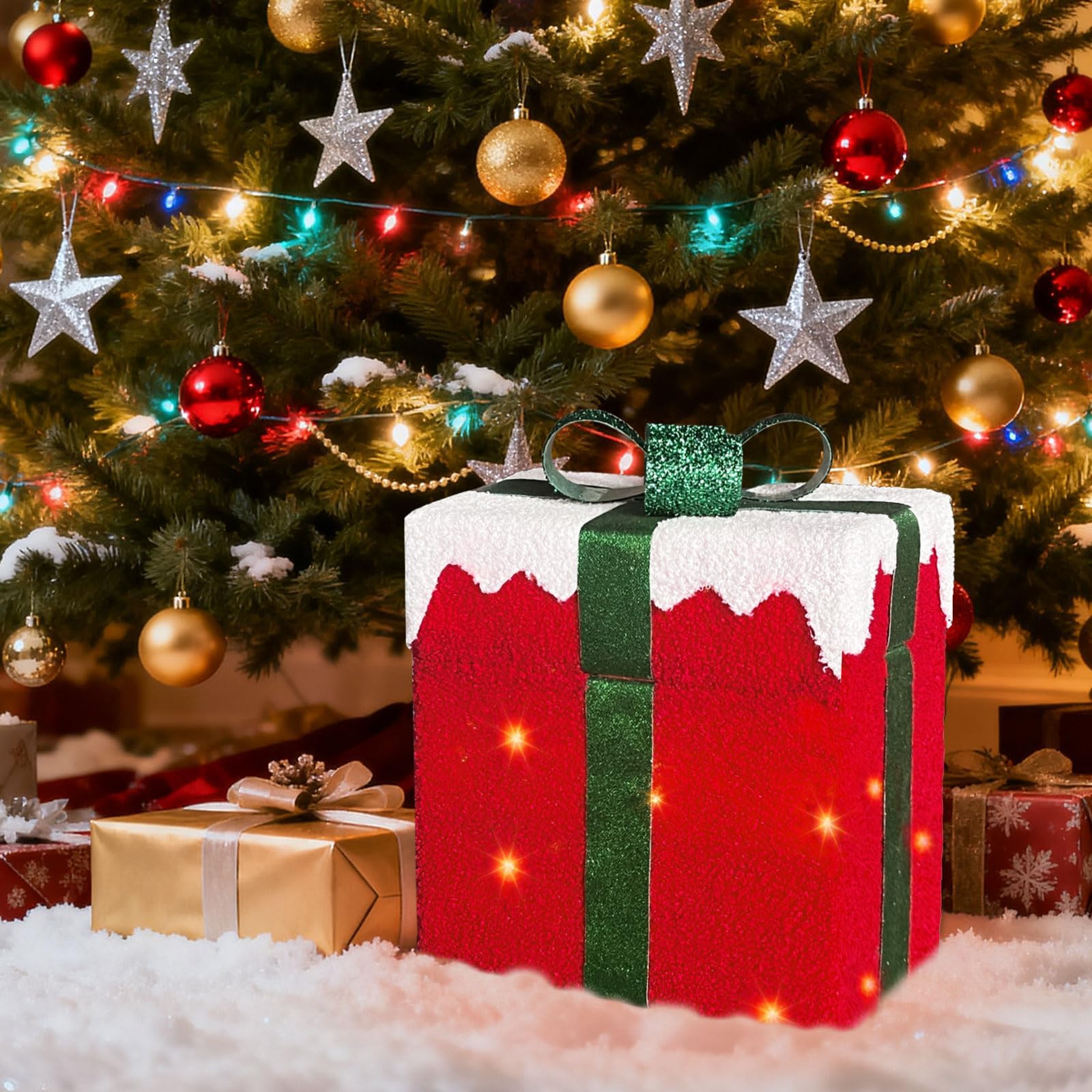 Scatola regalo LED con apertura automatica e Babbo Natale, decorazione natalizia illuminata per esterni con musica, 4 modalità e sensore di movimento, luci natalizie con 48 LED, 28×18×30 cm