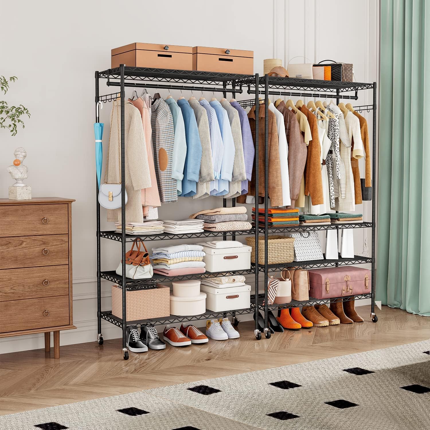 Armario Abierto para Ropa de 4 Baldas, Perchero de Pie | para Dormitorio o Vestidor, Negro, 187 × 90 × 45 cm