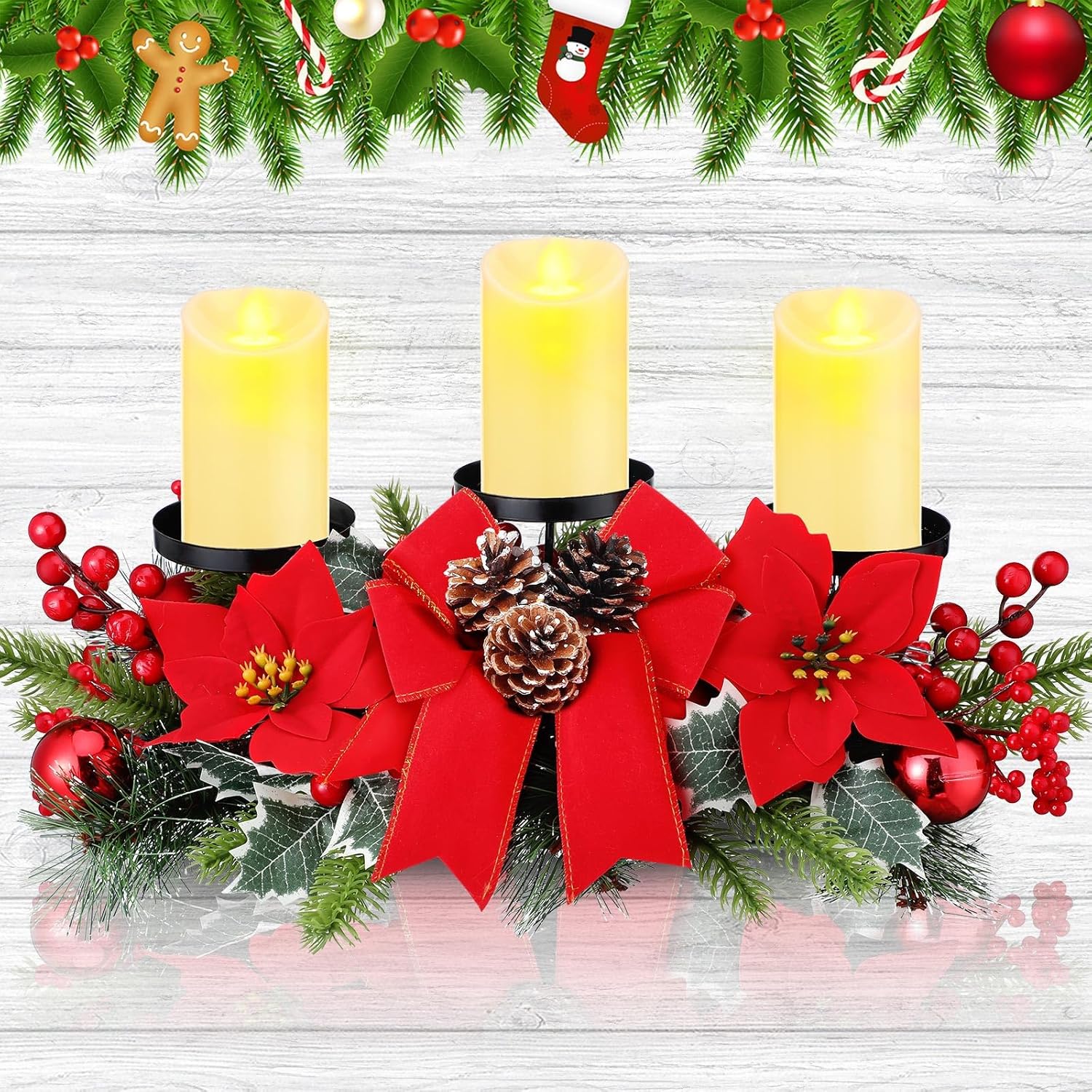 meekoo Christmas Triple Candelabrum Centerpiece with 3 LED