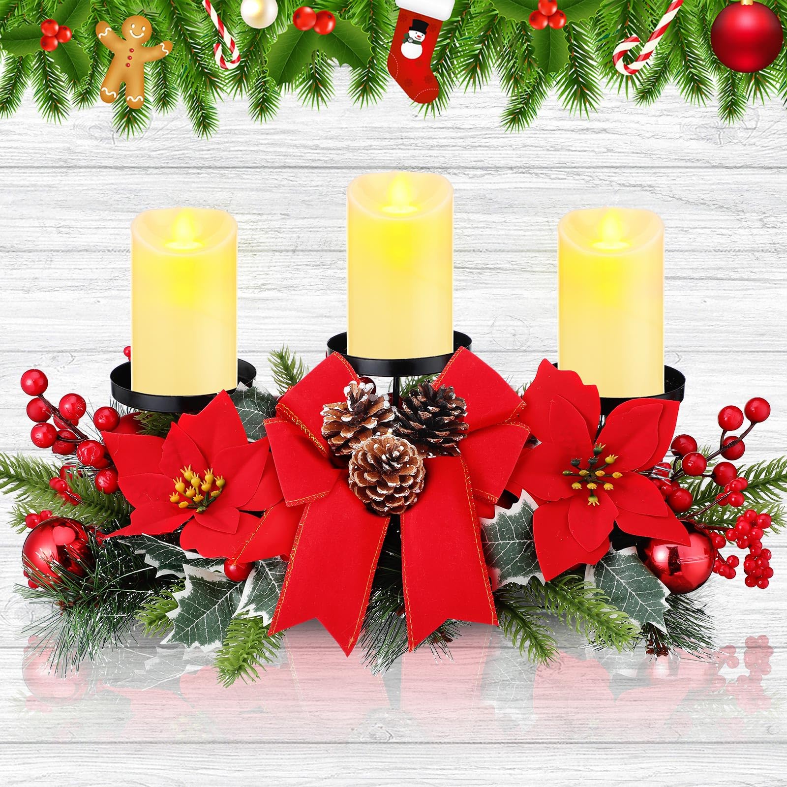 Christmas Centerpiece with 3 Candle Holders 3 LED Candles 1 String Lights Xmas Triple Candelabrum Poinsettia Red Buffalo Plaid Bow Berry Pine Cones with 3 Candle Holders for Tables Home Decorations