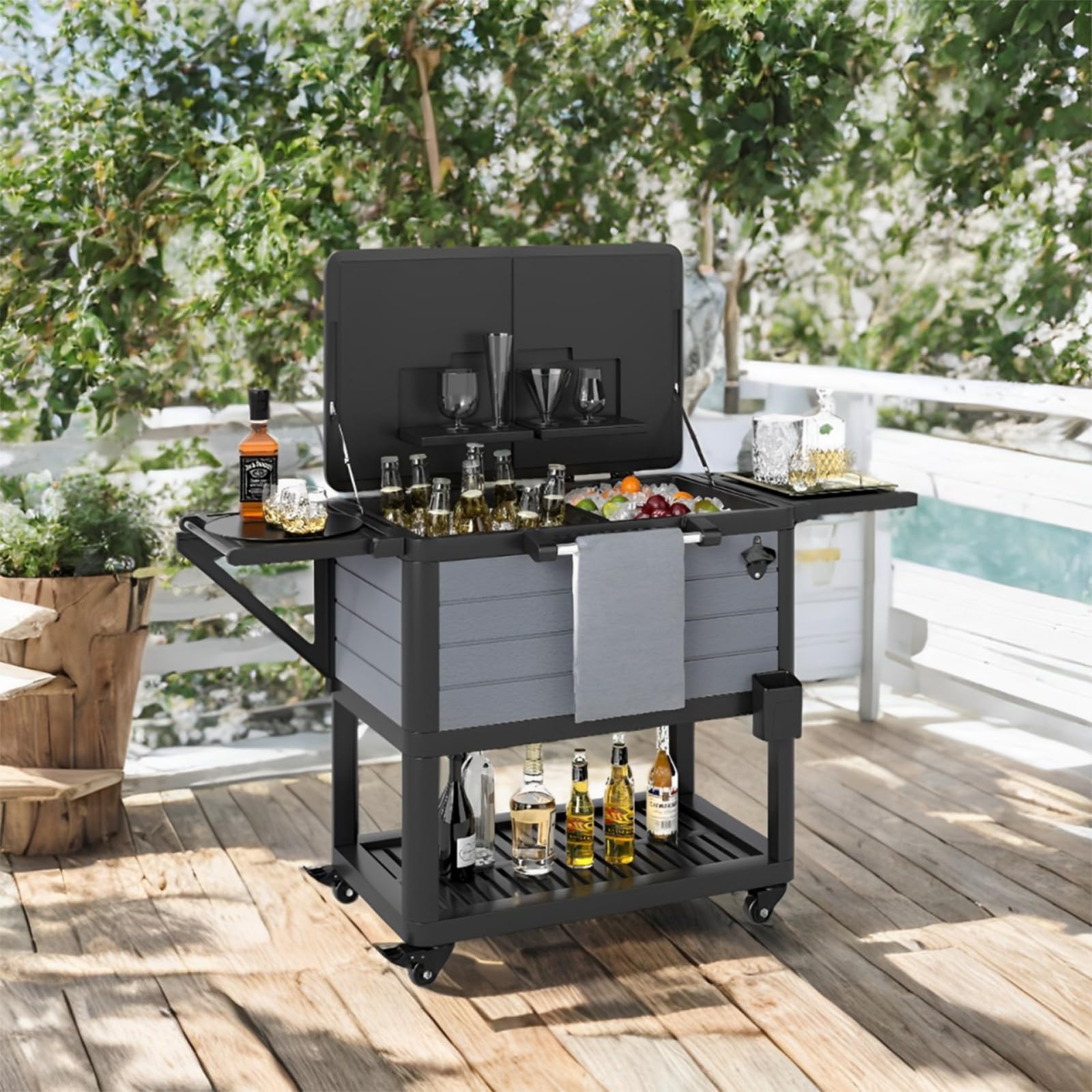 SOARS - Refrigerador con ruedas (91 L, barra exterior móvil, 83 x 50 x 85 cm, con separador extraíble, 2 estantes laterales plegables, 4 ruedas universales, para jardín, terraza, piscina