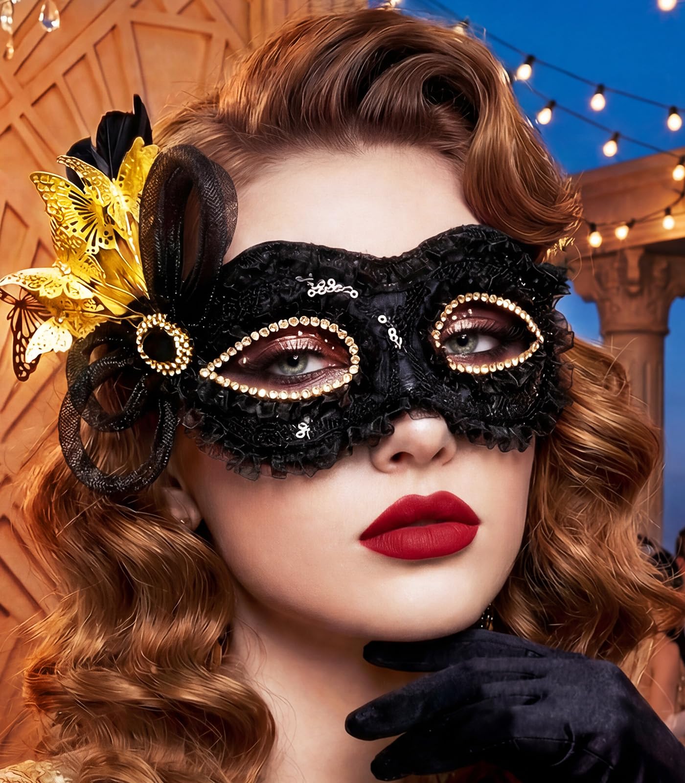 Maeaccx Black Masquerade Mask, Feather Gold Butterfly Ball Antifaz, Venetian Elegant Party Costume Accessories