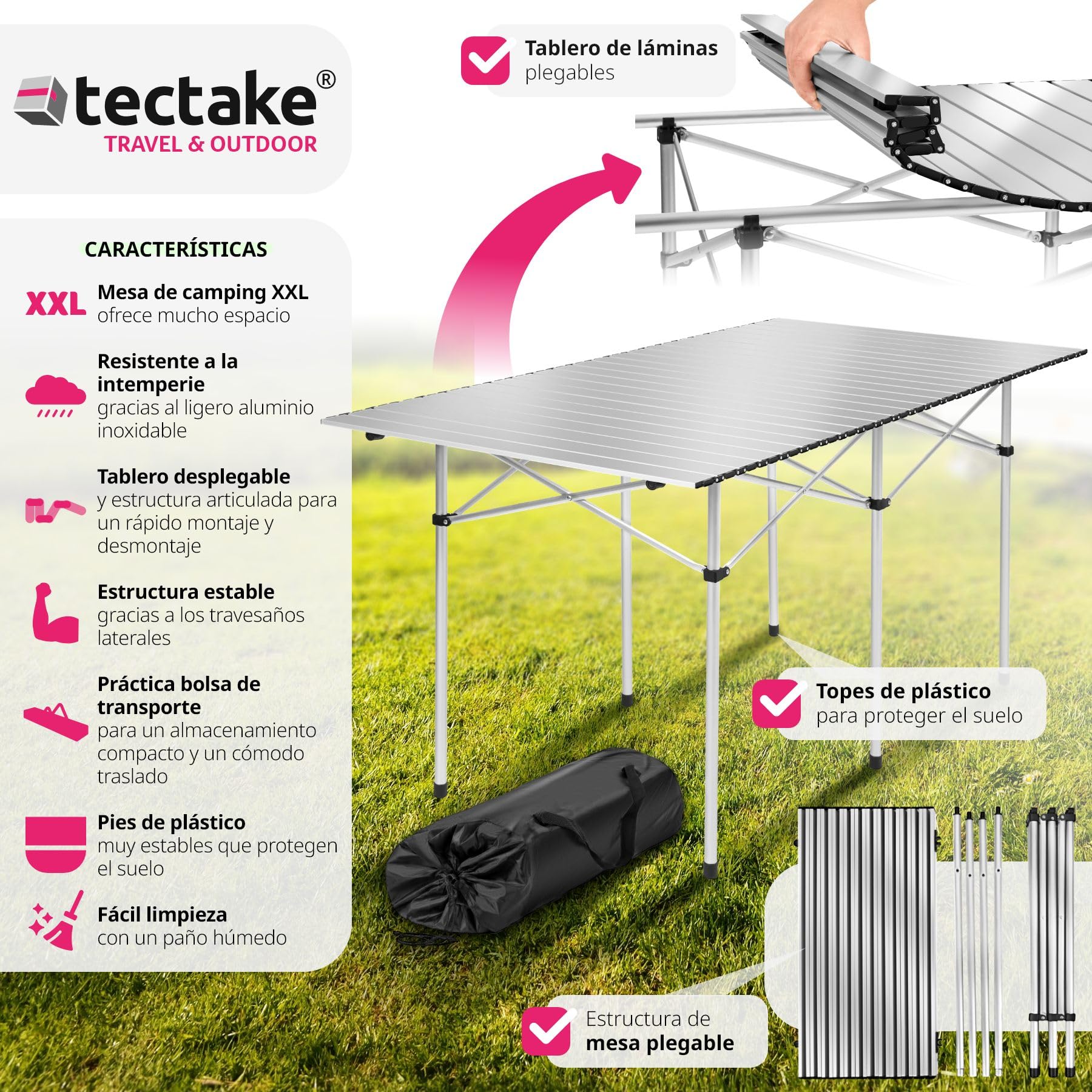 tectake® Mesa Plegable Aluminio, Mesa Camping Plegable, Mesa Jardín Exterior con Asa y Bolsa de Transporte, Impermeable, Fácil Montaje y Limpieza, Ideal Acampadas, Jardín, Terraza, Picnic, 140x70x70cm