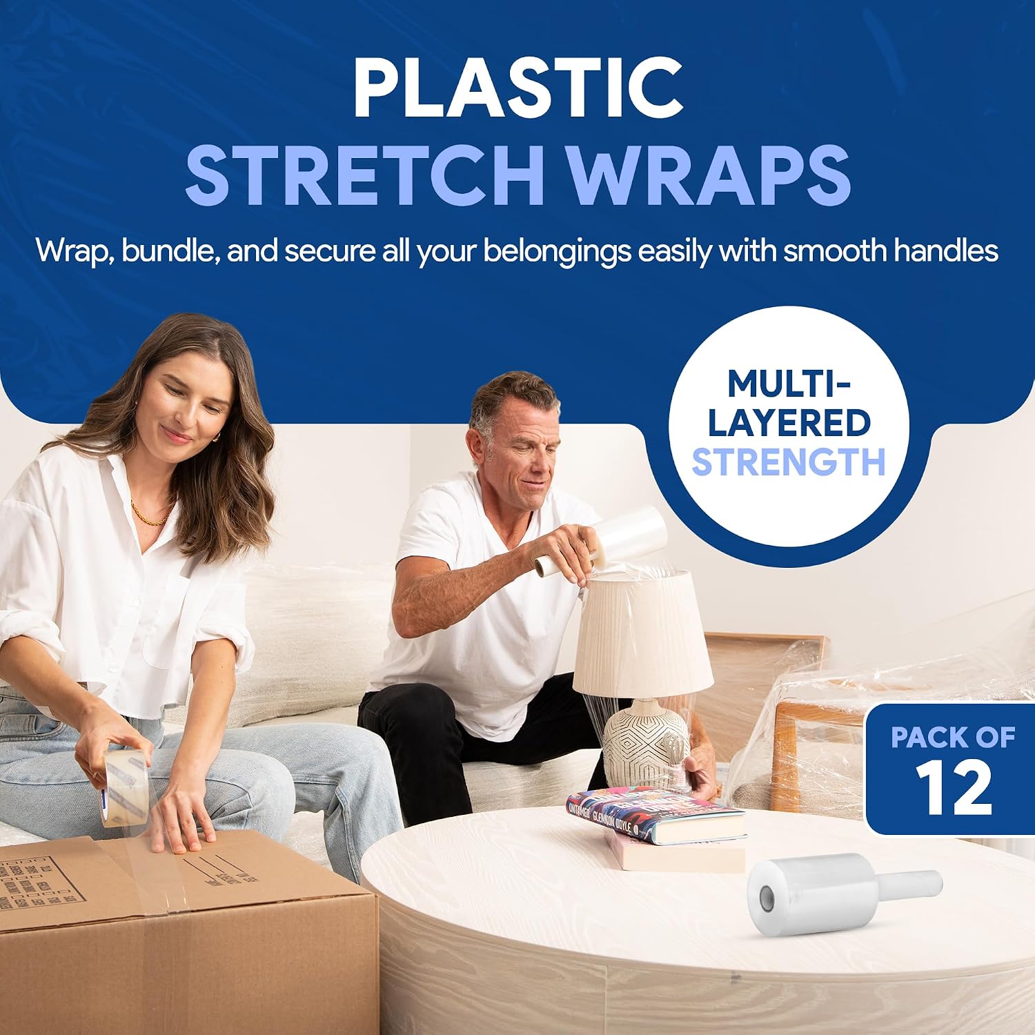 International Plastics Co. 12 Pack of 5" Plastic Stretch Film Wrap with Handles 1000 feet Each 500% Stretch Ability