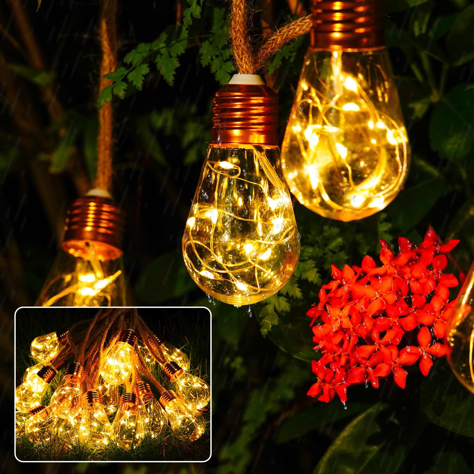 Solar String Lights Outdoor Garden 7.8M/26FT Hemp Rope Solar Festoon Decoration Lights with 16pcs S14 Bulbs, IP65 Waterproof, 15lm Solar Fairy Lights for Backyard, Patio, Garden, Bistro, Par