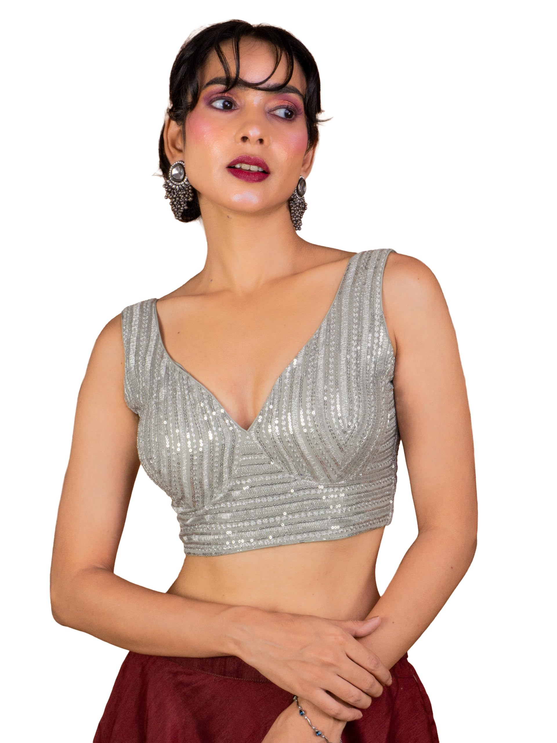 Women's Sequin Embroidered SabyaSachi Cut Sweetheart V Neck Sleeveless Readymade Saree Blouse E30