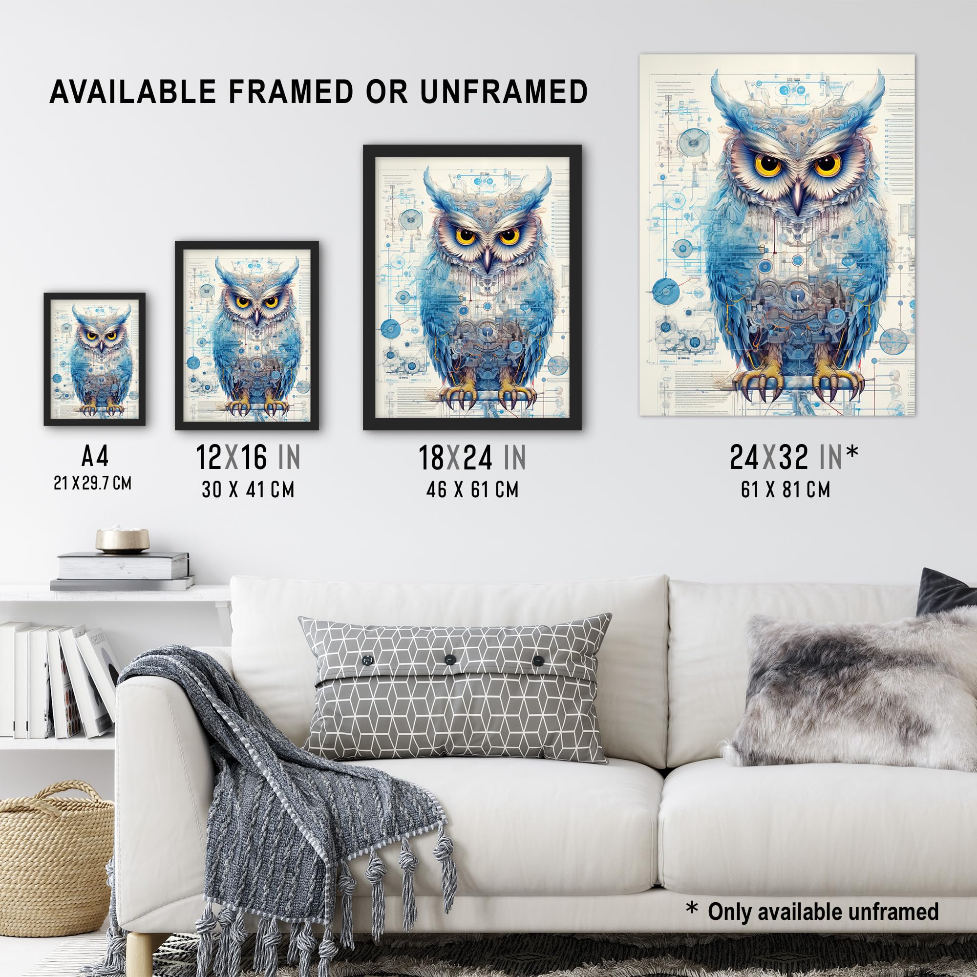 Artery8 Owl Robot Hybrid Secret Military Schematic Blueprint Futuristic Complex Arcane Manuscript Gift For Him Man Cave Extra Large XL Wall Art Poster Print - Image 3