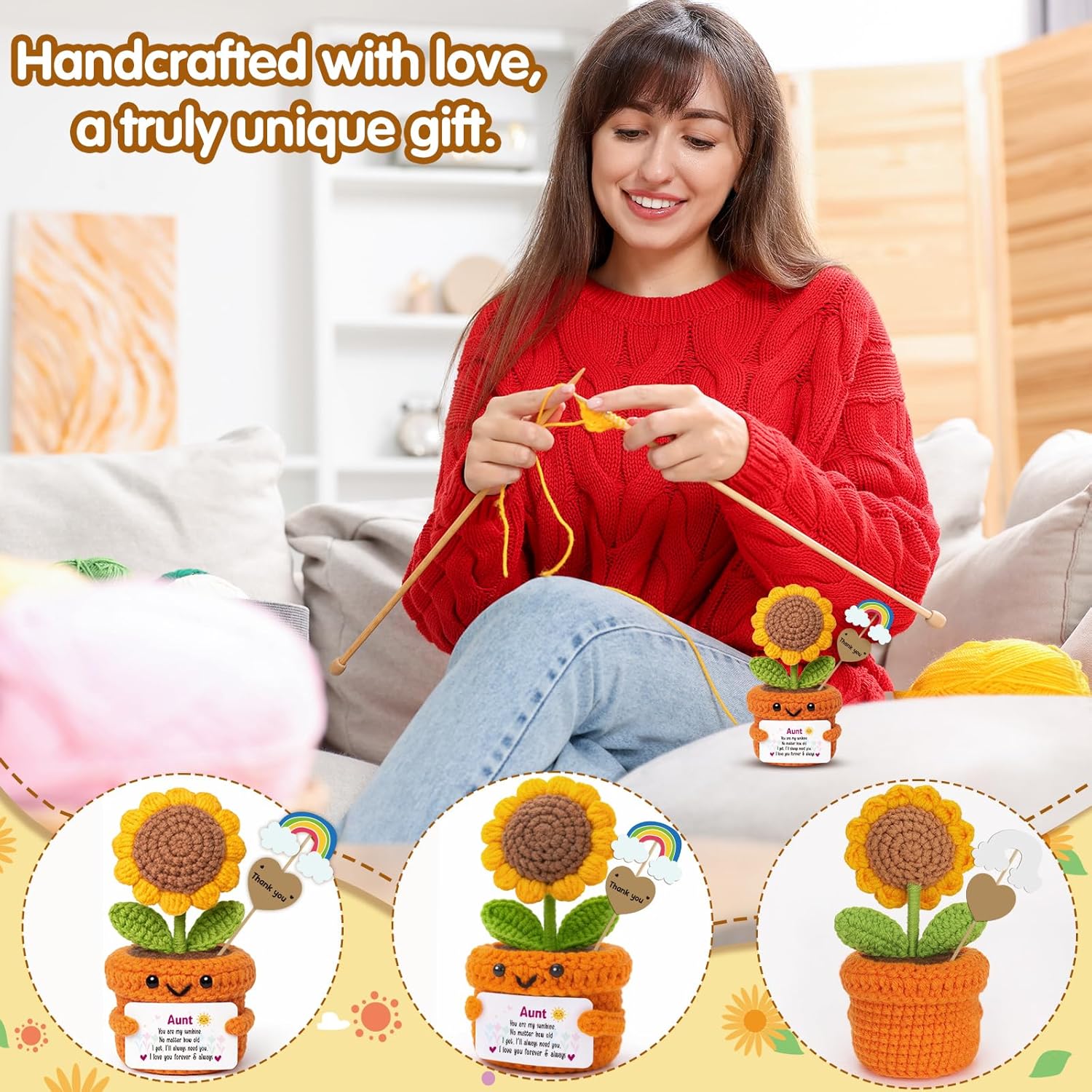 Christmas Aunt Gifts from Niece or Nephew - Handmade Crochet Sunflower Affirmation Plush Desk Decor for Auntie Birthday, Valentine's Day, Mother’s Day - Image 3