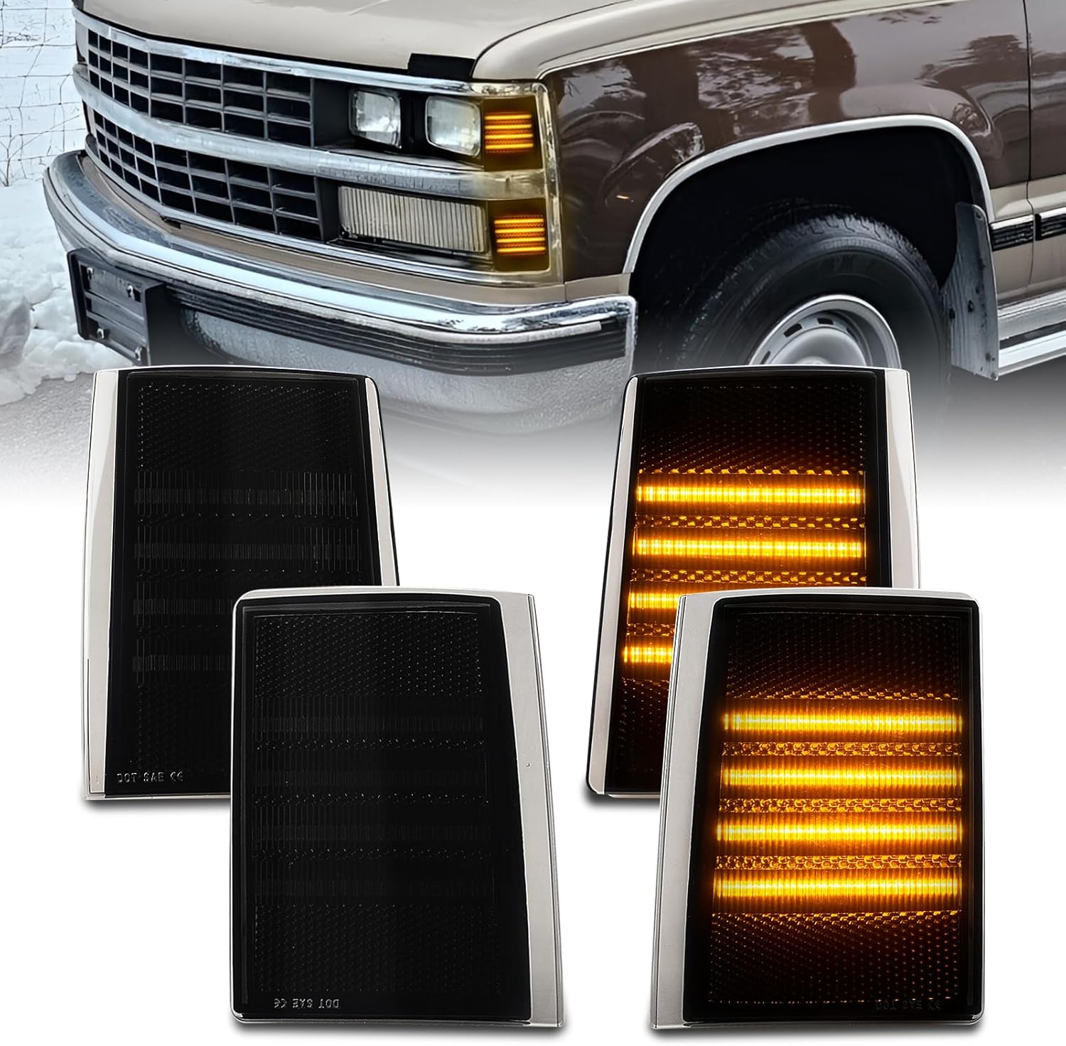 D-Lumina Side Marker Turn Signal Lights Smoked Lens LED Corner Light Assembly for Chevy C/K 1500 2500 3500 Pickup Truck & Blazer, Upper & Lower Amber Side Marker Reflector Light, Pack of 4