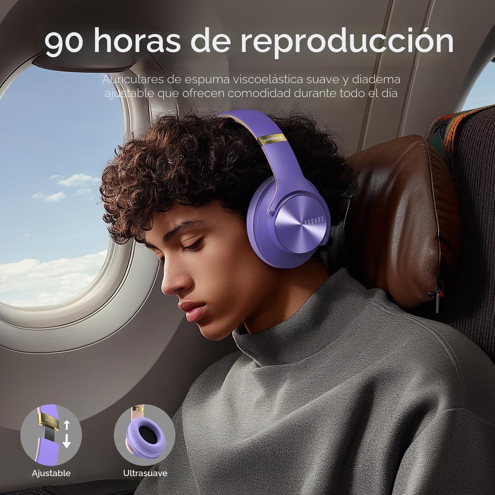 DOQAUS Auriculares Inalámbricos Bluetooth de 90 Horas, Auriculares Bluetooth con Micrófono y 40mm Controlador, con 3 Modos de Música, para Móviles/PC/Hogar - Morado