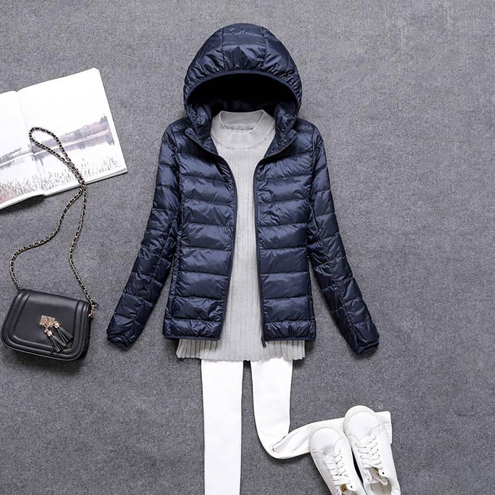 Generisch Piumino invernale da donna, leggero, sottile, per le mezze stagioni, casual, trapuntato, con berretto rimovibile, taglie forti, calda giacca per esterni