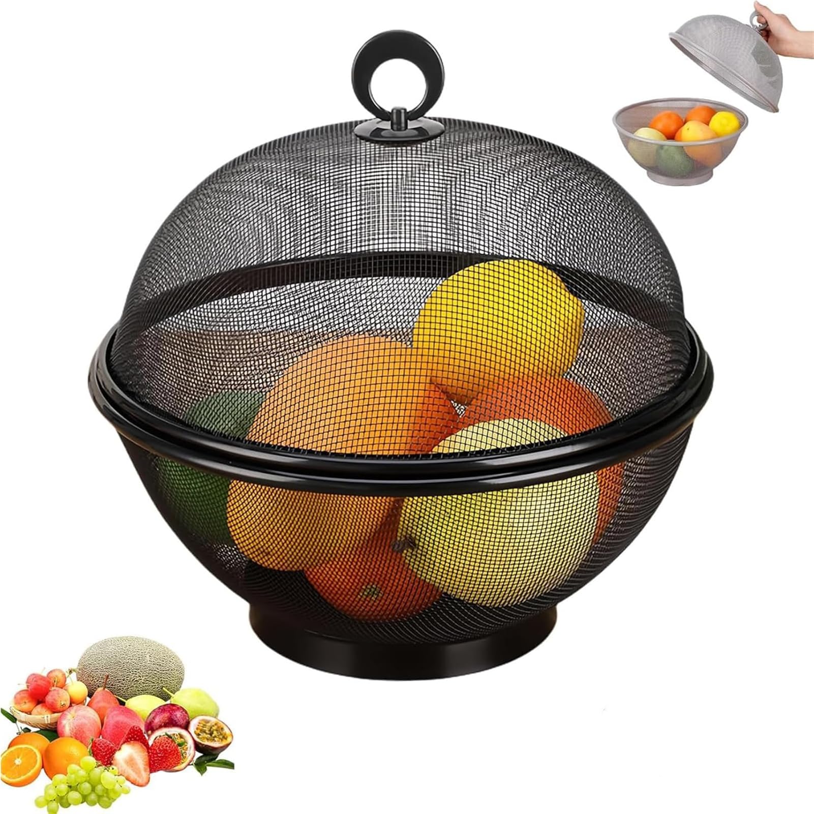 Czarny metalowy kosz na owoce z pokrywką, 28 x 25 cm, dekoracyjny do organizacji kuchni, ekspozycja świeżych owoców, stylowa dekoracja domu, nowoczesny design, wielofunkcyjne zastosowanie.