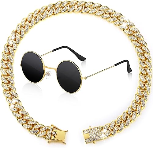 Xuniea Juego de 2 lentes y collar para muñeca, gato, perro, collar de cadena y lentes de sol, collar de diamantes de imitación con hebilla segura,