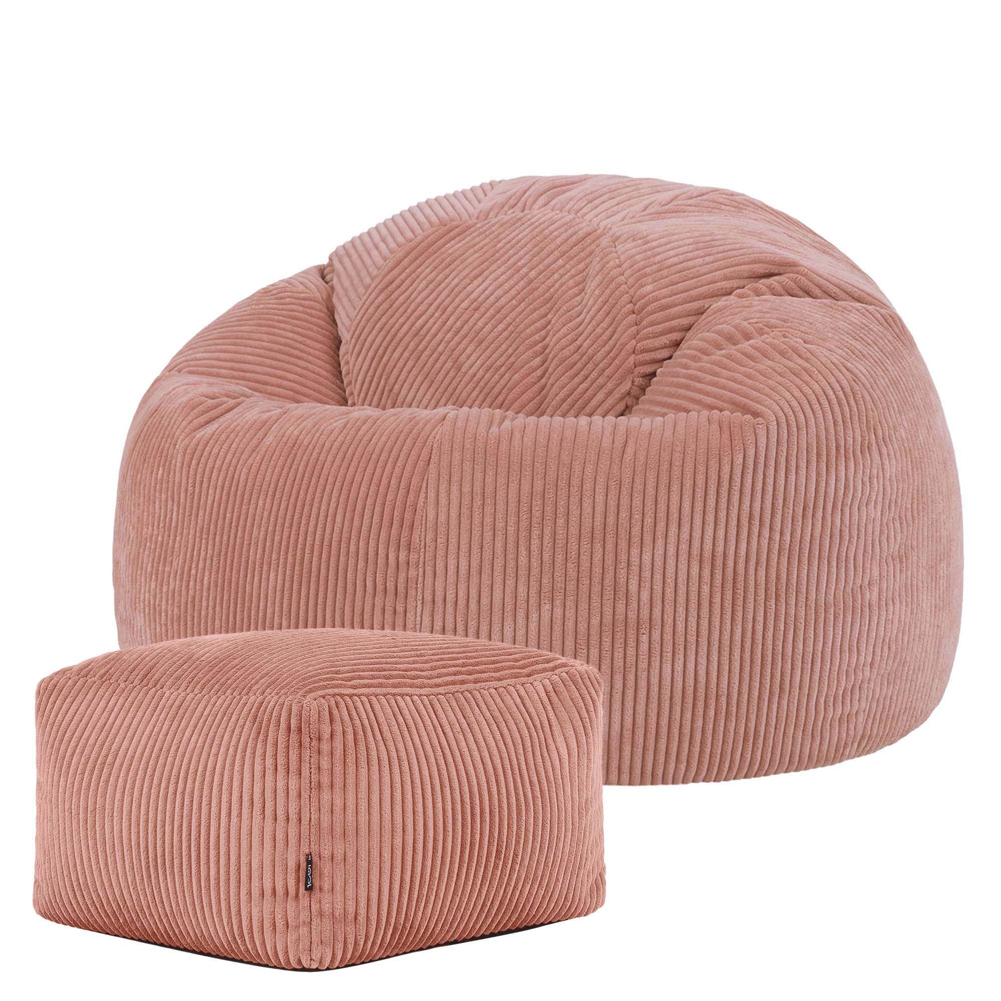 Icon Kingston Sitzsack mit Hocker Cord, Rosa, Sitzsack Erwachsene mit Füllung, Bean Bag, Cord Sessel, Lounge Sessel, Lounge Stuhl, Schlafzimmer, Wohnzimmer, Wohnzimmer Möbel