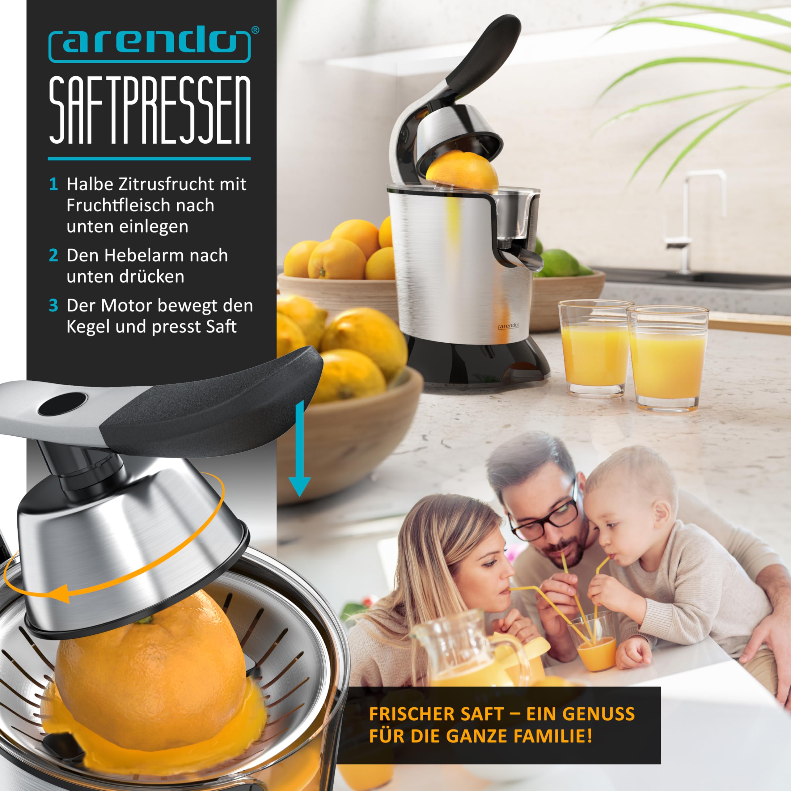 Arendo - elektrische Saftpresse 800 Watt - Edelstahl Zitruspresse Orangenpresse Entsafter - Hochleistungsmotor - sehr hohe Ergiebigkeit - Edelstahlkegel - BPA frei - Spülmaschinen-geeignet
