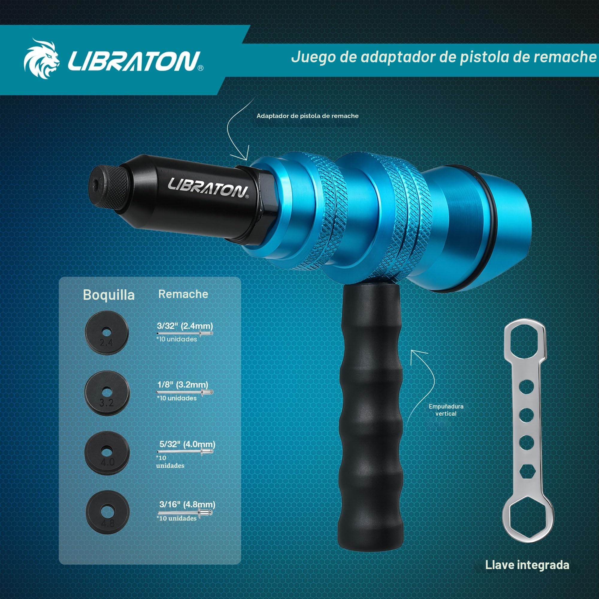 LIBRATON Adaptador de Remachadora para Taladro, Adaptador de Remache para Taladro Eléctrico, Accesorio de Remache para Taladro Inalámbrico, con Asa, Fácil Procesamiento 2,4mm 3,2mm 4,0mm 4,8mm