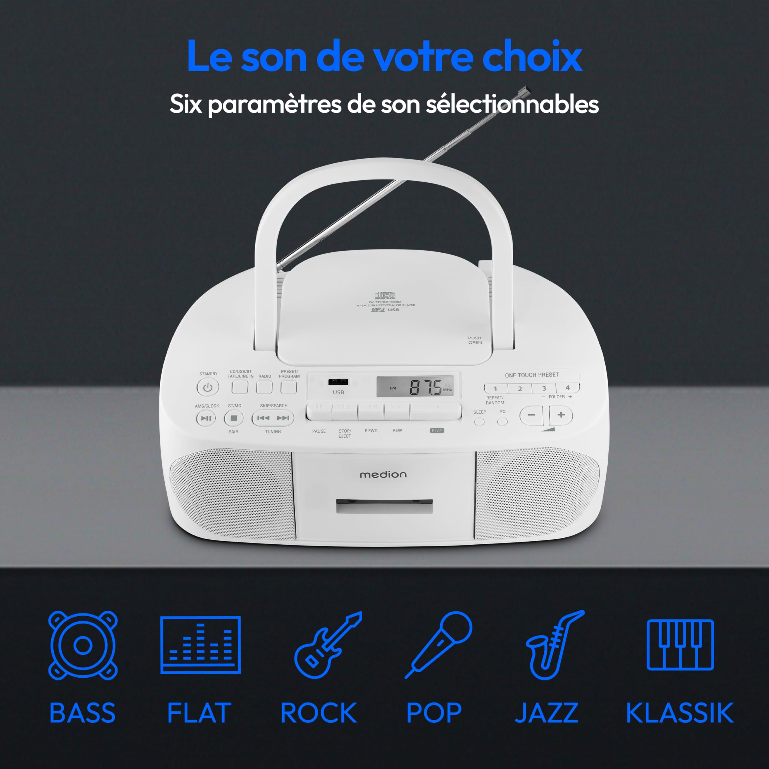 MEDION Radio Stéréo E65010 Lecteur CD Cassette USB AUX MP3 FM PLL 40 Stations Batterie Télécommande Blanc