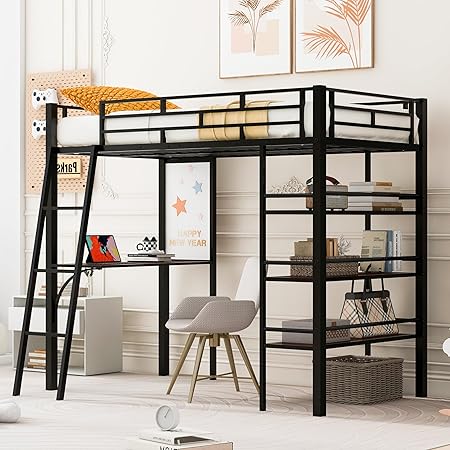 DNYN Twin Size Loft Bed with Desk & 3 Storage Shelves & Whiteboard Design,Sturdy Metal Bedframe w/Ladder & Safety Guardrails,No Box Spring Needed,Perfect for Small Space,Bedroom,Guest Room, Black