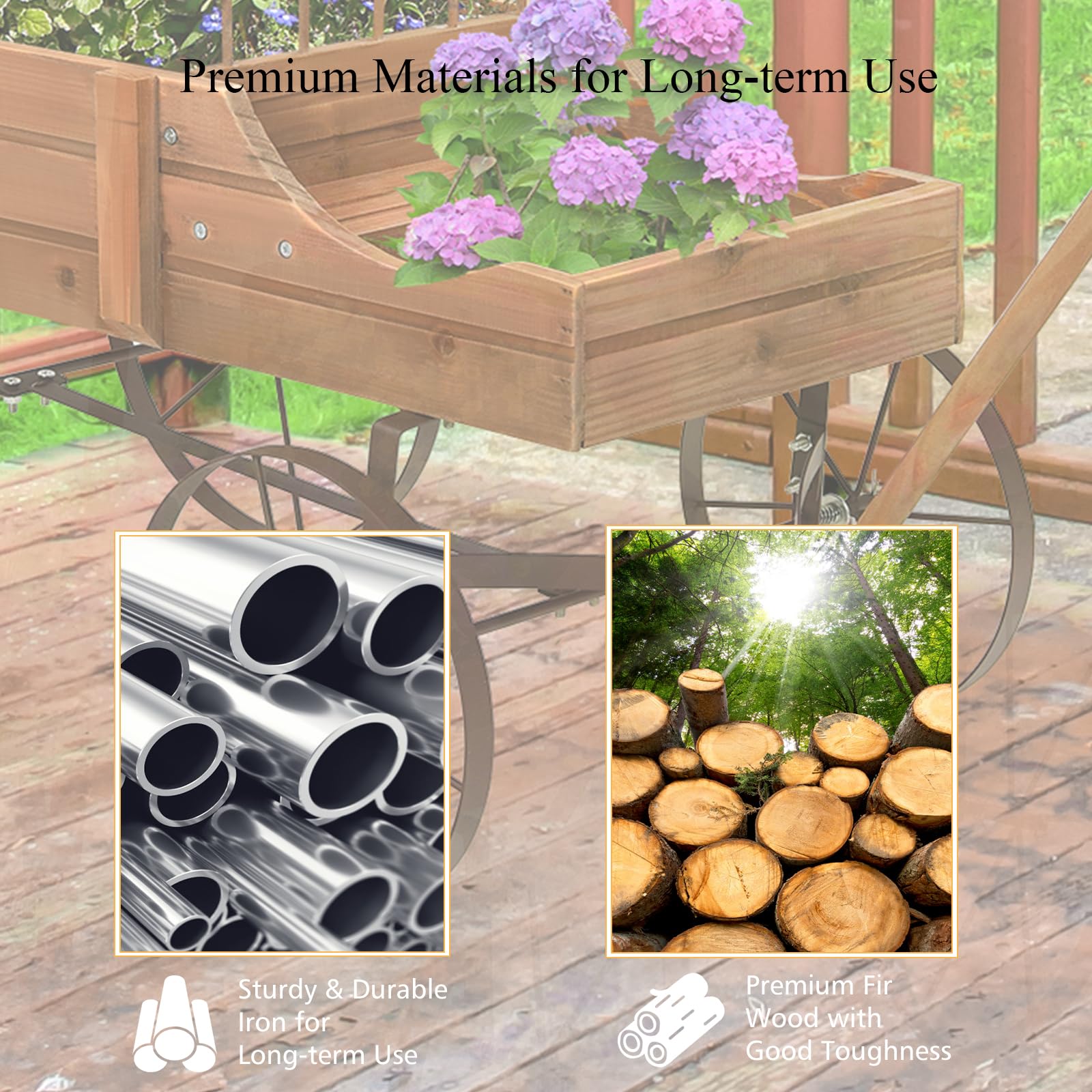 HOMASIS Jardinera Carrito de Madera para Plantas, Carretilla con Ruedas de Metal y 2 Compartimentos, Maceta en Forma de Monociclo Decorativo para jardín, terraza, Patio, 63x35x62,5cm (Marrón)