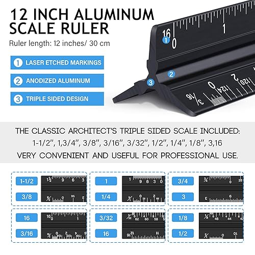 Miniatura 2 de Juego de reglas de escala arquitectónica e ingeniería de 12 pulgadas, herramienta de dibujo triangular de aluminio con regla estándar de metal y