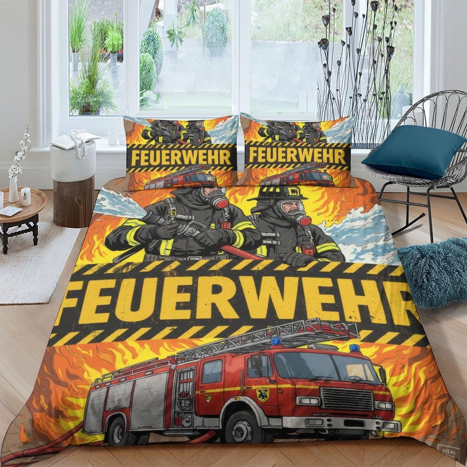 Ctjqhvkz Style-3 3D Printed Firefighter Action Fitted Sheet Microfiber Soft Red Fire Truck Bed Cover For Bedroom Dorm Mattress Decor Single（135X200cm）