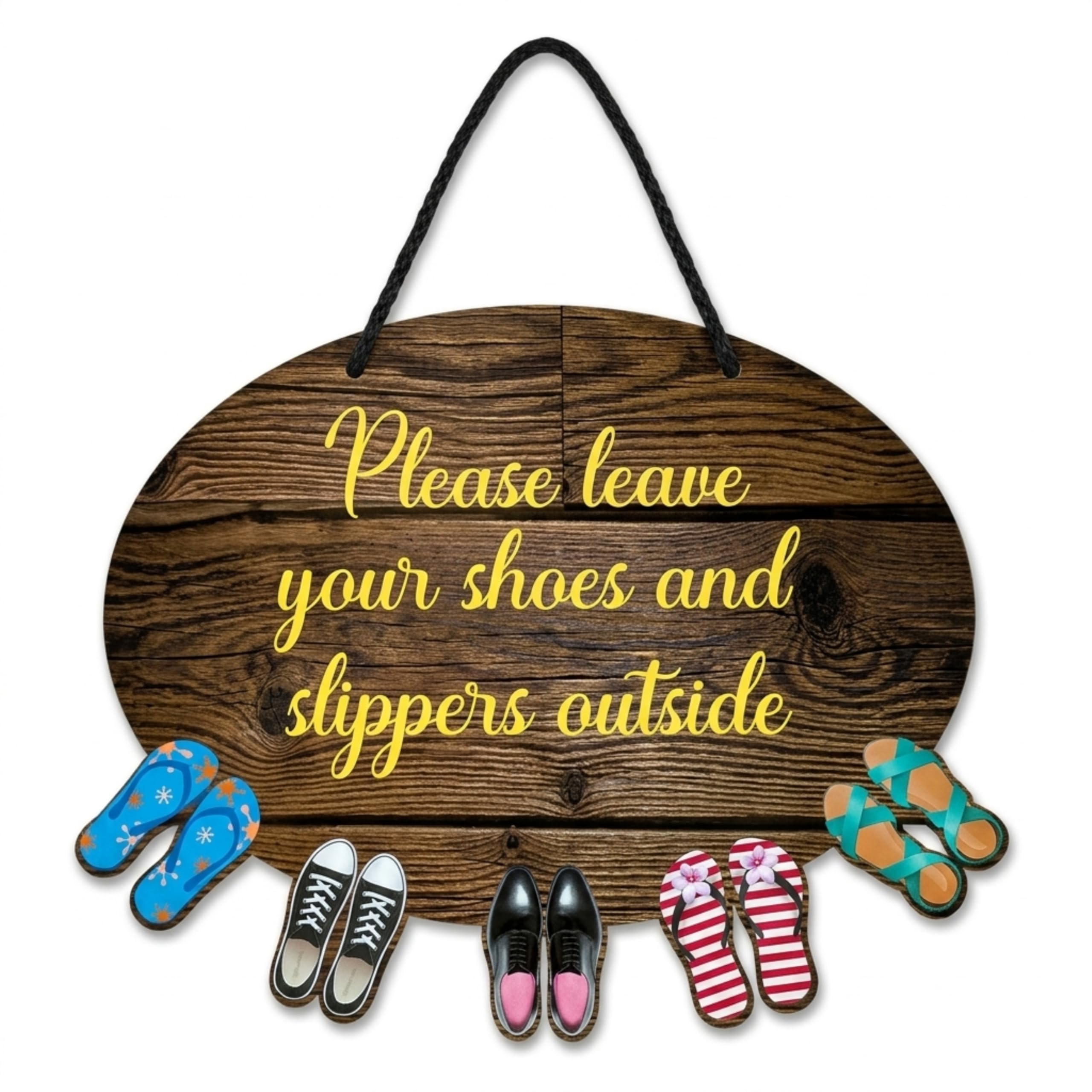 ANITRAD COLLECTIONS Please Leave Your Shoes Outside Wooden Wall Hanging Sign for Home Entrance Main Door Decor | Office Welcome Decorative Plaque with Wood Finish & 3D Slippers (Brown, Oval)-image-26