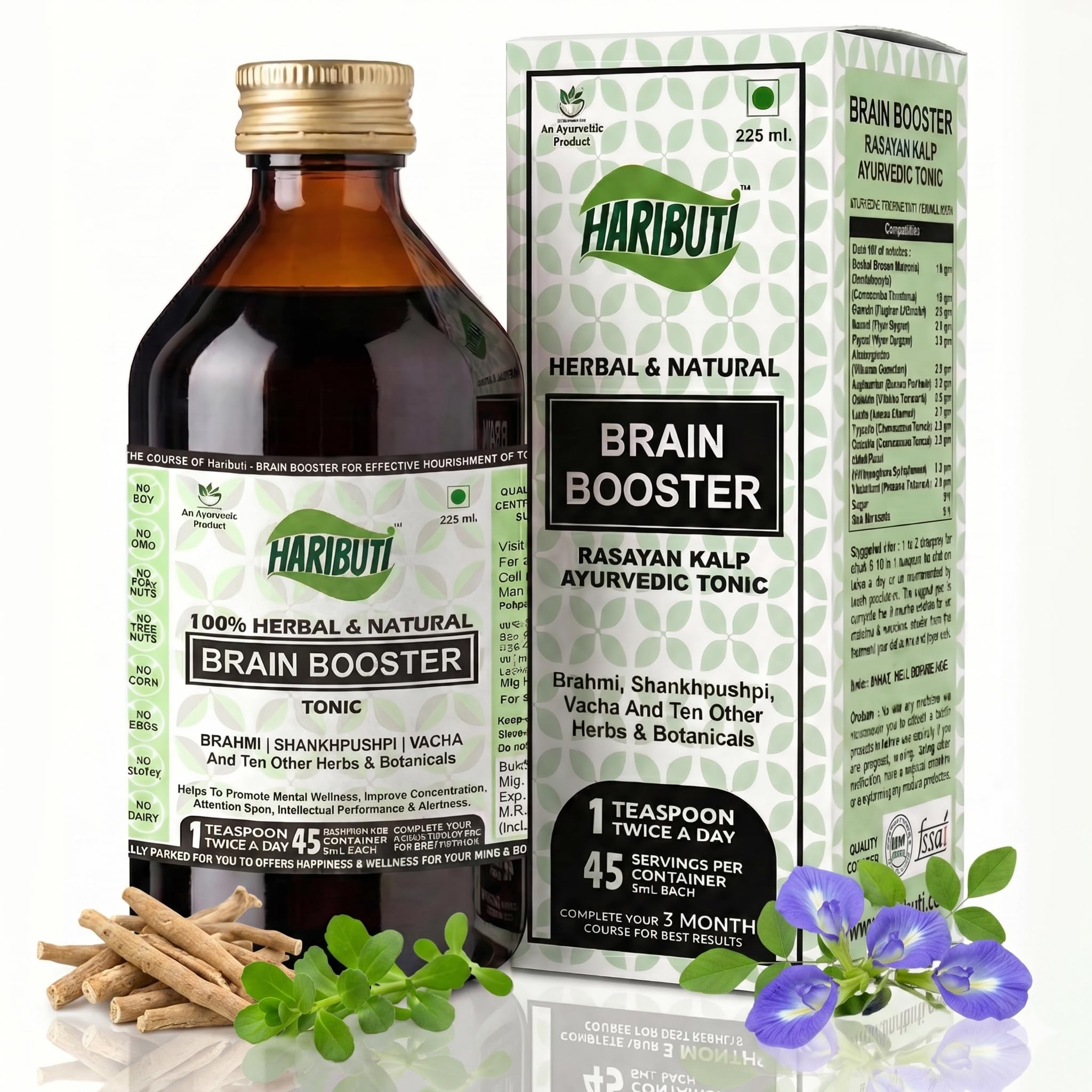 HariButi Brain Booster Tonic for Brain & Memory Wellness with Brahmi, Shankhpushpi, Vacha and 10 Other Herbs & Botanicals, 225ml, for Adults & Kids