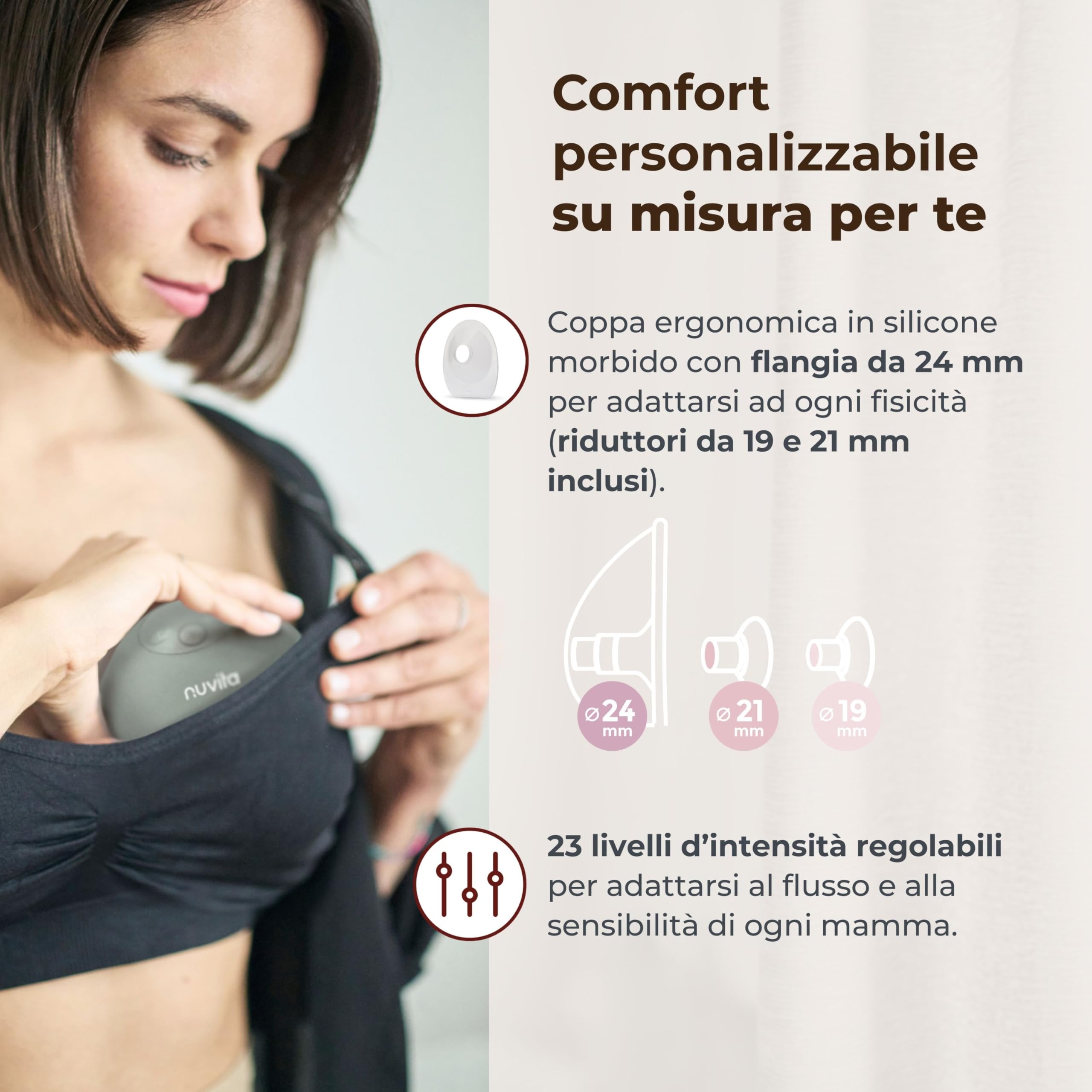 Nuvita 1264W Tiralatte Elettrico Indossabile 3 Fasi con Vibro-Stimolazione – Silenzioso, Portatile, Batteria Ricaricabile USB-C, 4 Cicli Completi, Coppa Silicone 24mm con Riduttori, Custodia Rigida
