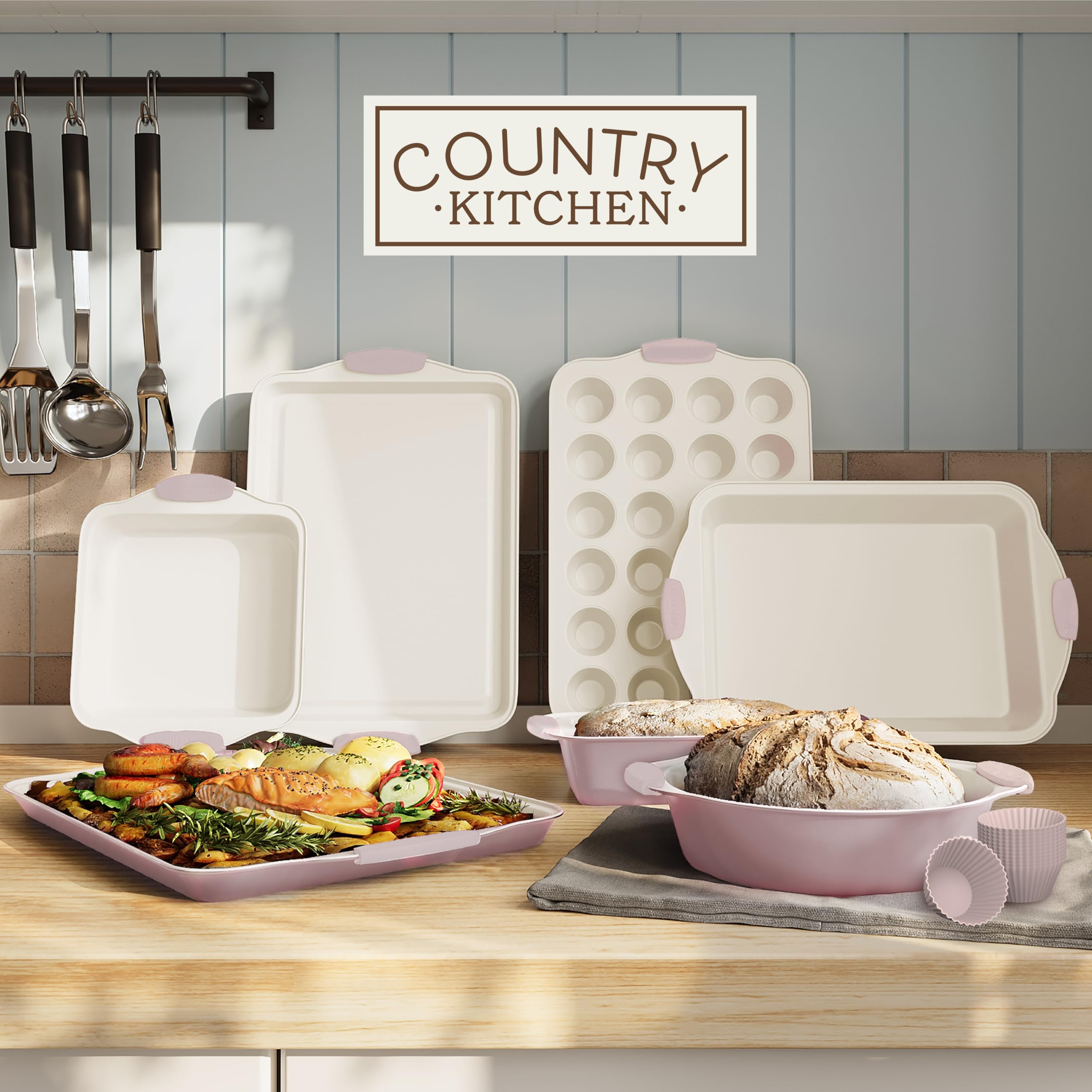 Country Küche Antihaft-stapelbares Backgeschirr Set – langlebig, einfach zu entladen Backset – 22 Stück Inklusive Silikon-Muffin-Formen