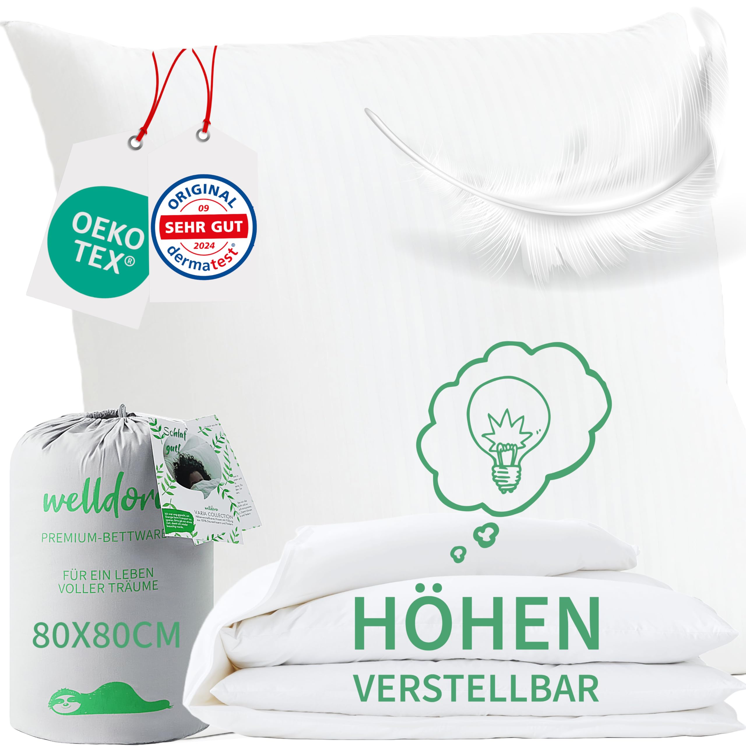 Welldora Premium Kopfkissen 80x80 höhenverstellbar | 100% Daunenfasern & Federn | Ergonomische Innovation: anpassbar fest bis weich | Kissen fachärztlich geprüft, Oeko-Tex Zertifiziert in Deutschland