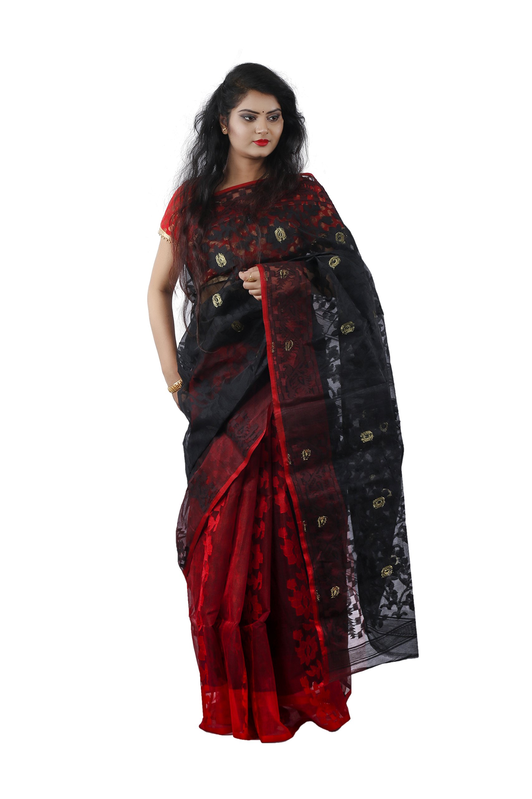 DIPALI ENTERPRISE Jamdani Made Self Designed Half & Half Saree For Women's-Black And Red-RB-WS-045-24.2