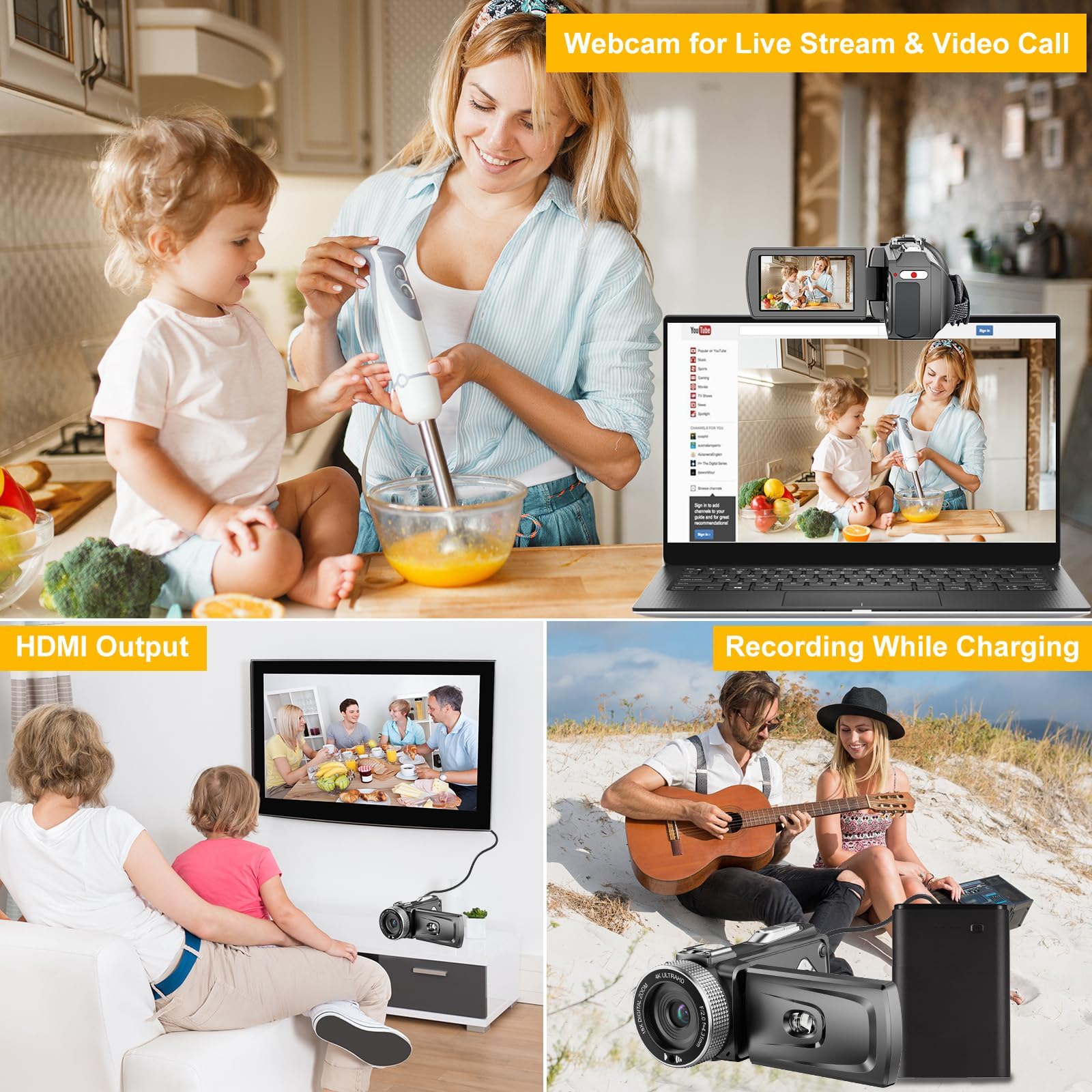 4K Video Camera, 48MP 30FPS Camcorder for Youtube, FHD1080P Video Vlogging Recorder /18X Digital Zoom /3.0'' 270°Rotation IPS Screen Camera Camcorder,with Remote / 2 Batteries