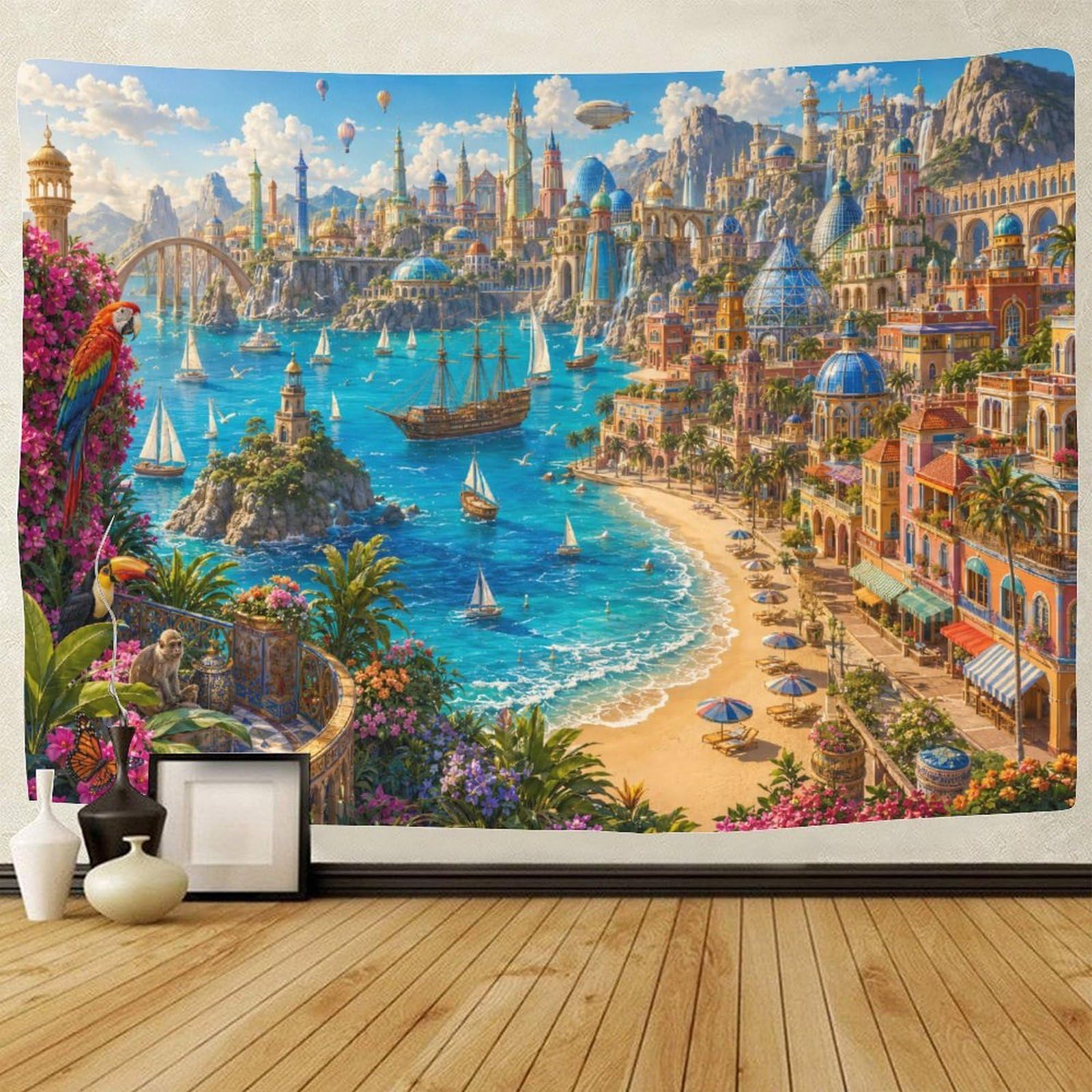 GPMNBCXZK Futuristic Fantasy City Harbor Tapestry for Bedroom 3D Print Wall Hanging Decor Tapestries Poster Home Decoration Bedroom Dorm 70cmx100cm