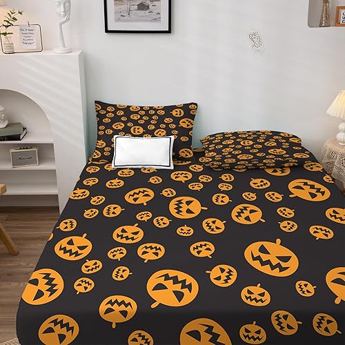 Miniatura 2 de Juego de sábanas de calabaza tamaño Queen, sábanas de Halloween, sábanas y fundas de almohada estampadas de 4 piezas, sábana bajera ajustable de