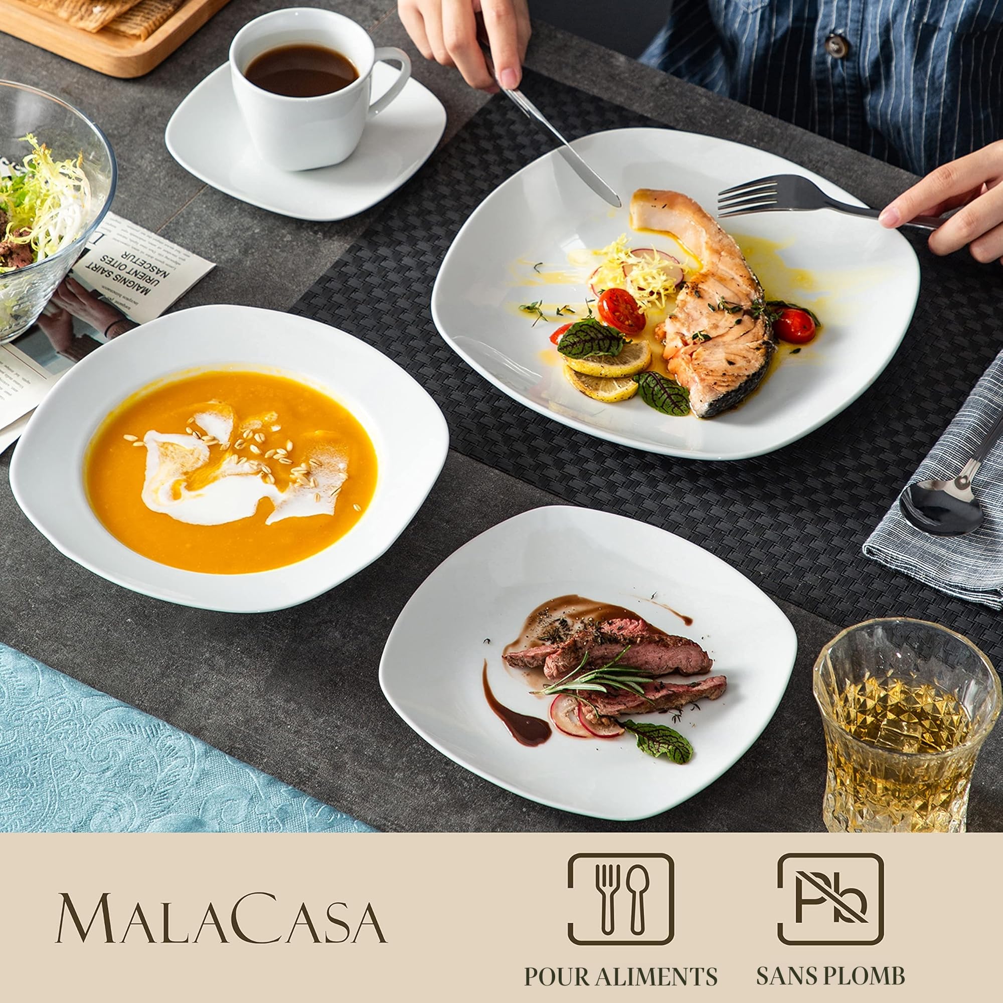 MALACASA Série Elisa, 60 Pcs Service de Table Porcelaine,Services Complets à Dinner, 12 Pcs * [Assiette Plat][Assiette Creuse][Assiette à Dessert][Tasse][Soucoupe]