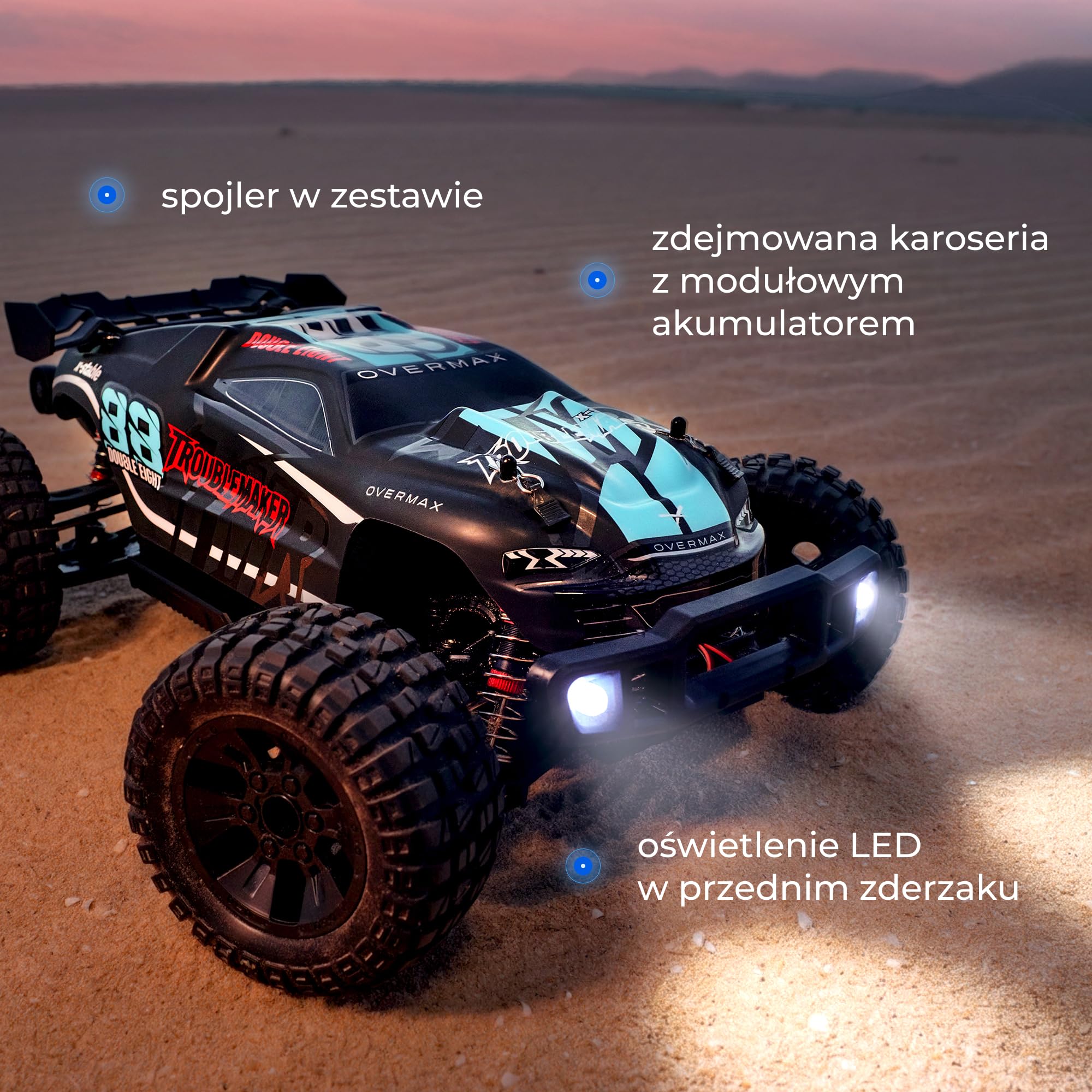 Overmax X- Stable zdalnie sterowany samochód 4WD 1:10 Offroad, 35 km/h 2,4 GHz RC Monster Truck 40 min, z 2 akumulatorami, metalowym napędem, tłumikiem oleju, LED, dla dzieci 8+ i dorosłych zasięg 100